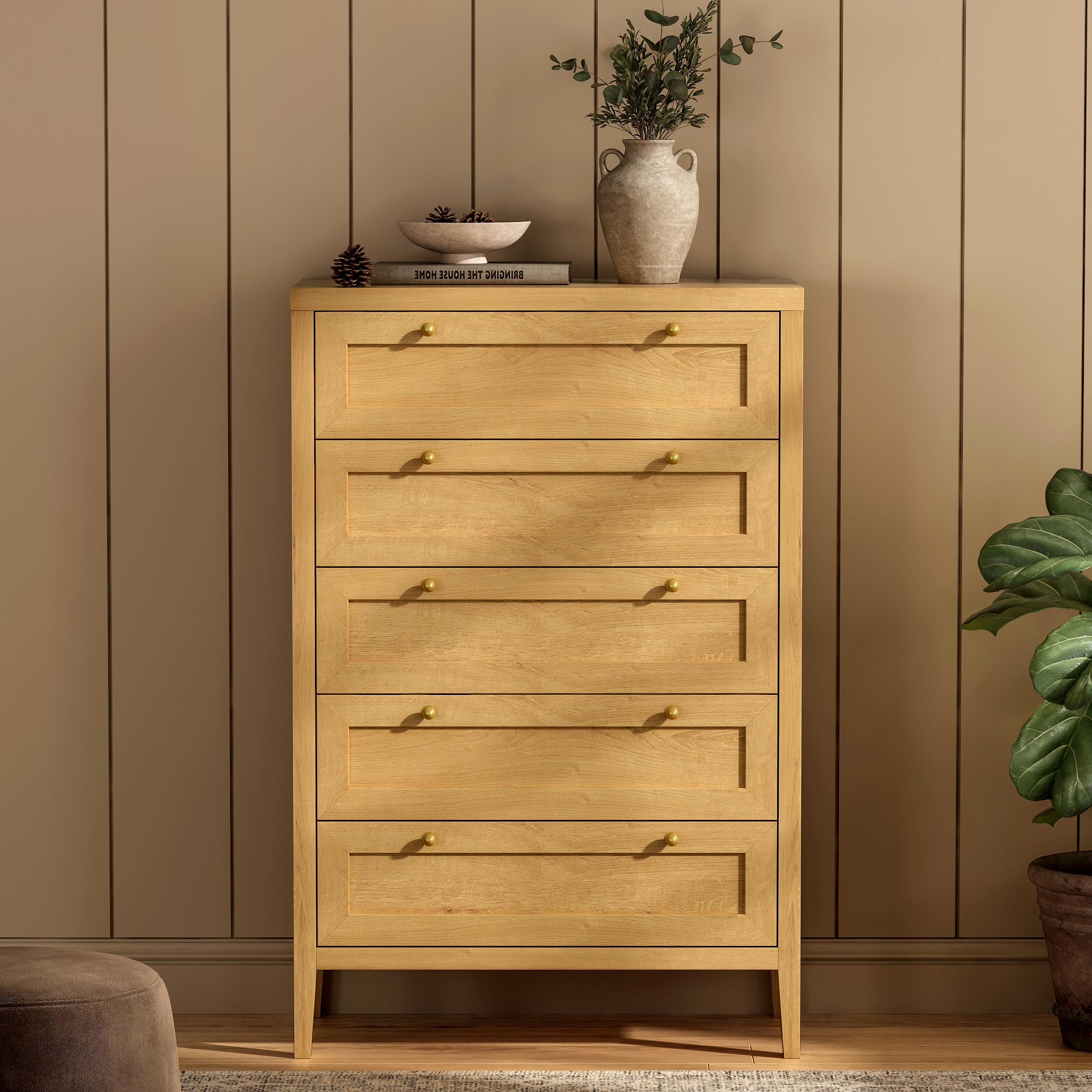 MoomJiee 5 Drawers Dresser for Bedroom, Farmhouse 47" Tall Modern Wood Chest of Drawers Storage Dresser Organizer for Living Room, Hallway, Entryway,