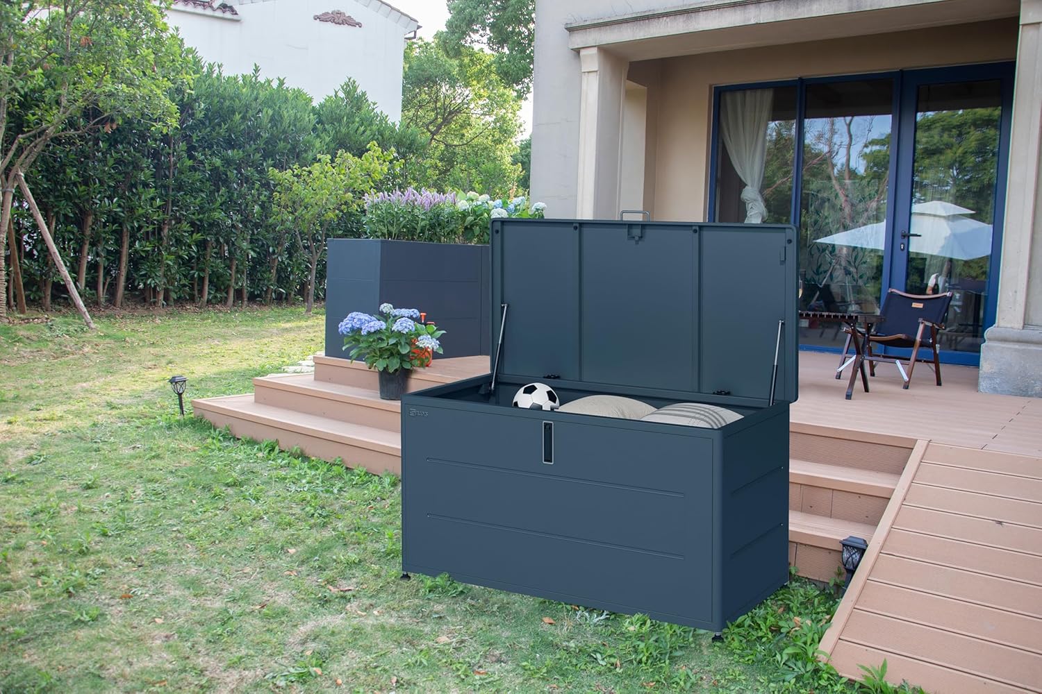 JLLYS Garden Storage Box 460L, Metal Storage Chest Container, Lockable Garden Box for Cushions, Toys, Garden Tools, Aluminium and Stainless Steel, Garden Furniture Anthracite... - Image 4