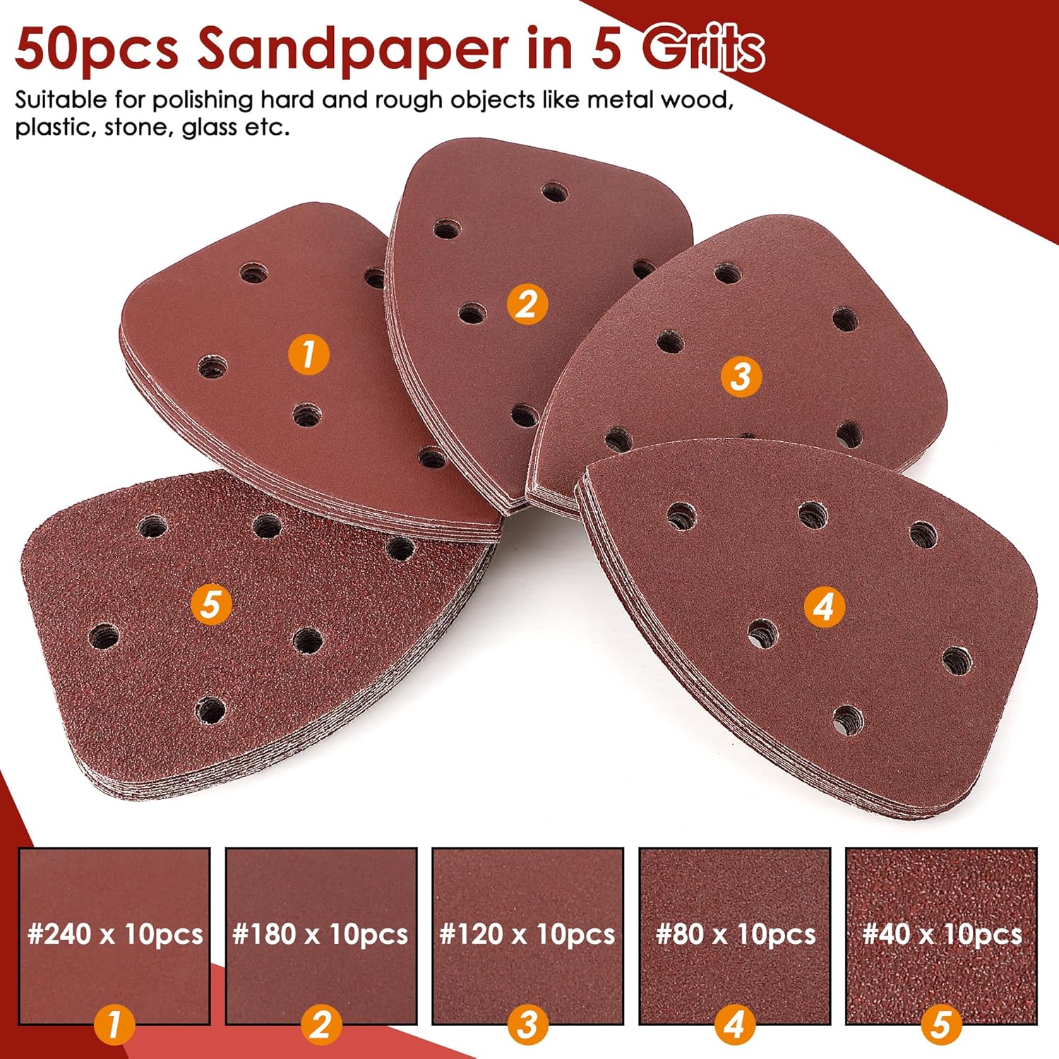 Mouse Sander Replacement Pads with Sandpaper Compatible with Ryobi Mouse Detail Sander, 40 80 120 180 240 Grits Sanding pad Compatible with CFS1503K CFS1503 CFS1502 CFS1503G (52pcs)