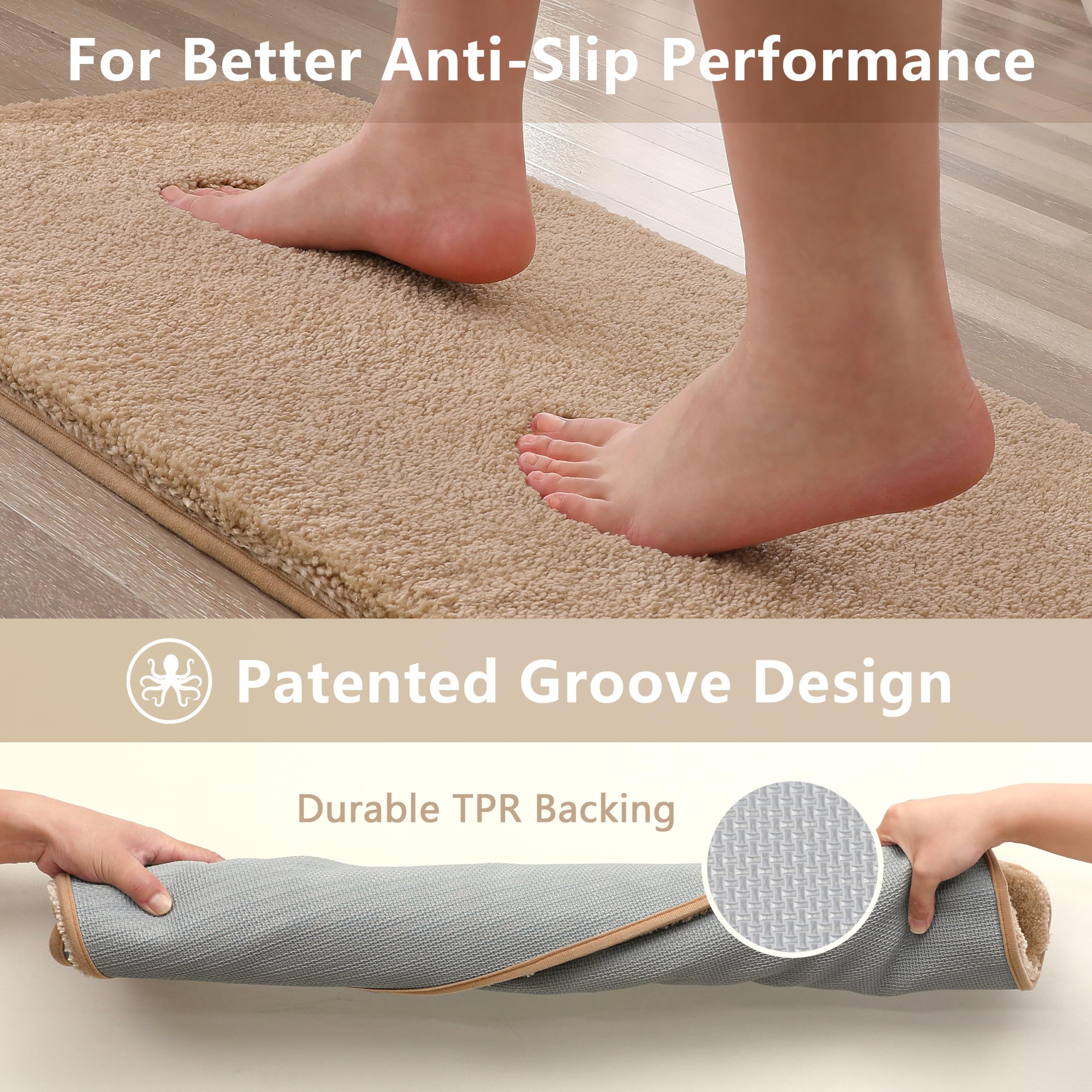 Threefold Super Soft Non Slip Bath Mat - Fluffy, High Resilience, Absorbent - Resist Sinking, Flattening - 50 x 80cm (Beige) - Image 3