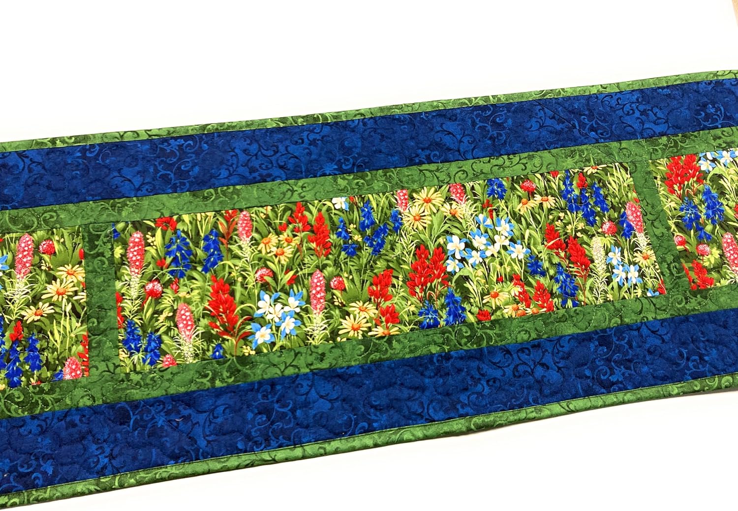 TahoeQuilts Handmade Summer Table Runner with Flowers 13x71 inch Table Runner for Dining Table, Coffee Table Living Room Runner, Reversible, Red Blue Yellow Wildflowers Quilted Floral Table Mat