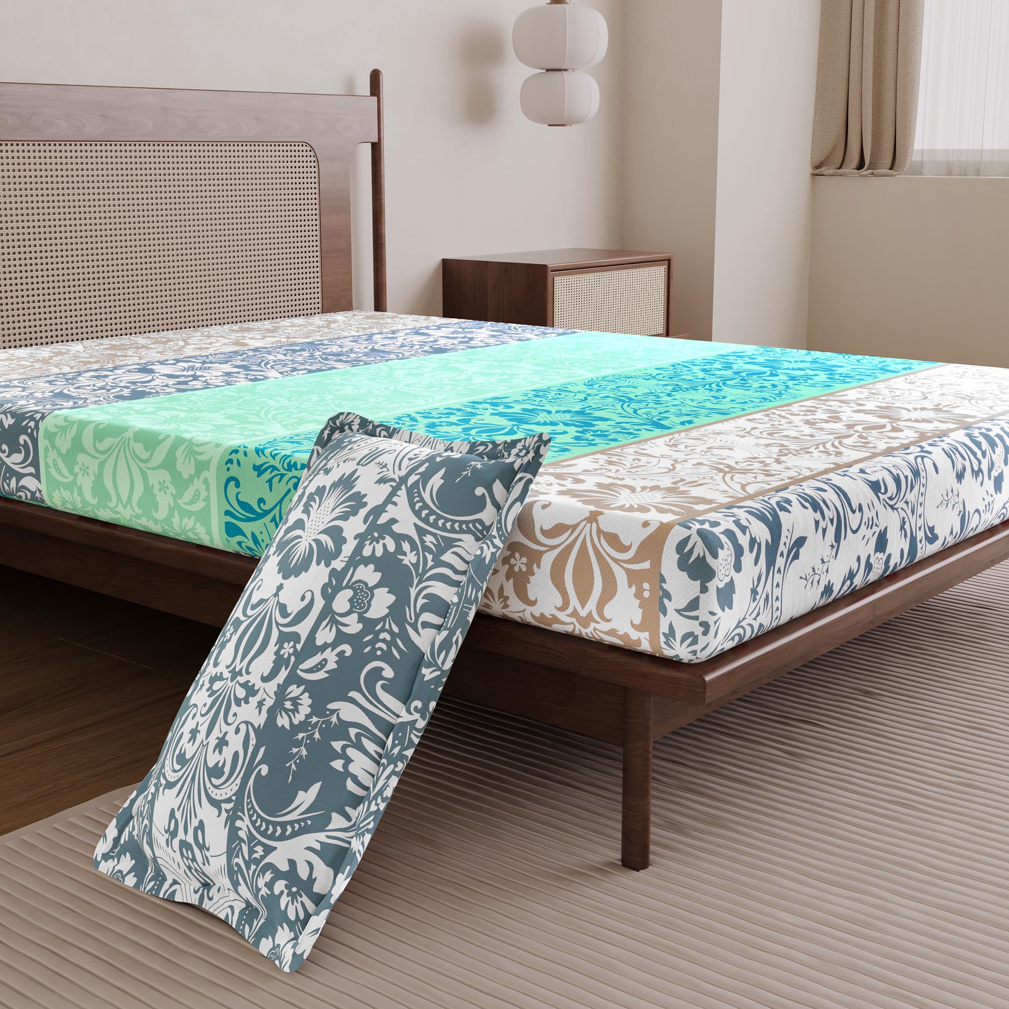 Divine Casa 144 TC 100% Cotton Single Bedsheet with 1 Pillow Cover | Soft Breathable Wrinkle Free Bed Sheet Set | Printed Bedding for Bedroom | 145 x 223 cm (Cream & Sky Blue, Floral)