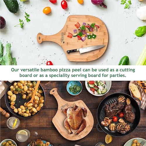 Vista 6 de Pala de madera de bambú prémium para pizza y tabla de cortar con mango (para hornear pizza, pan, cortar frutas, verduras, queso) – Tamaño personal