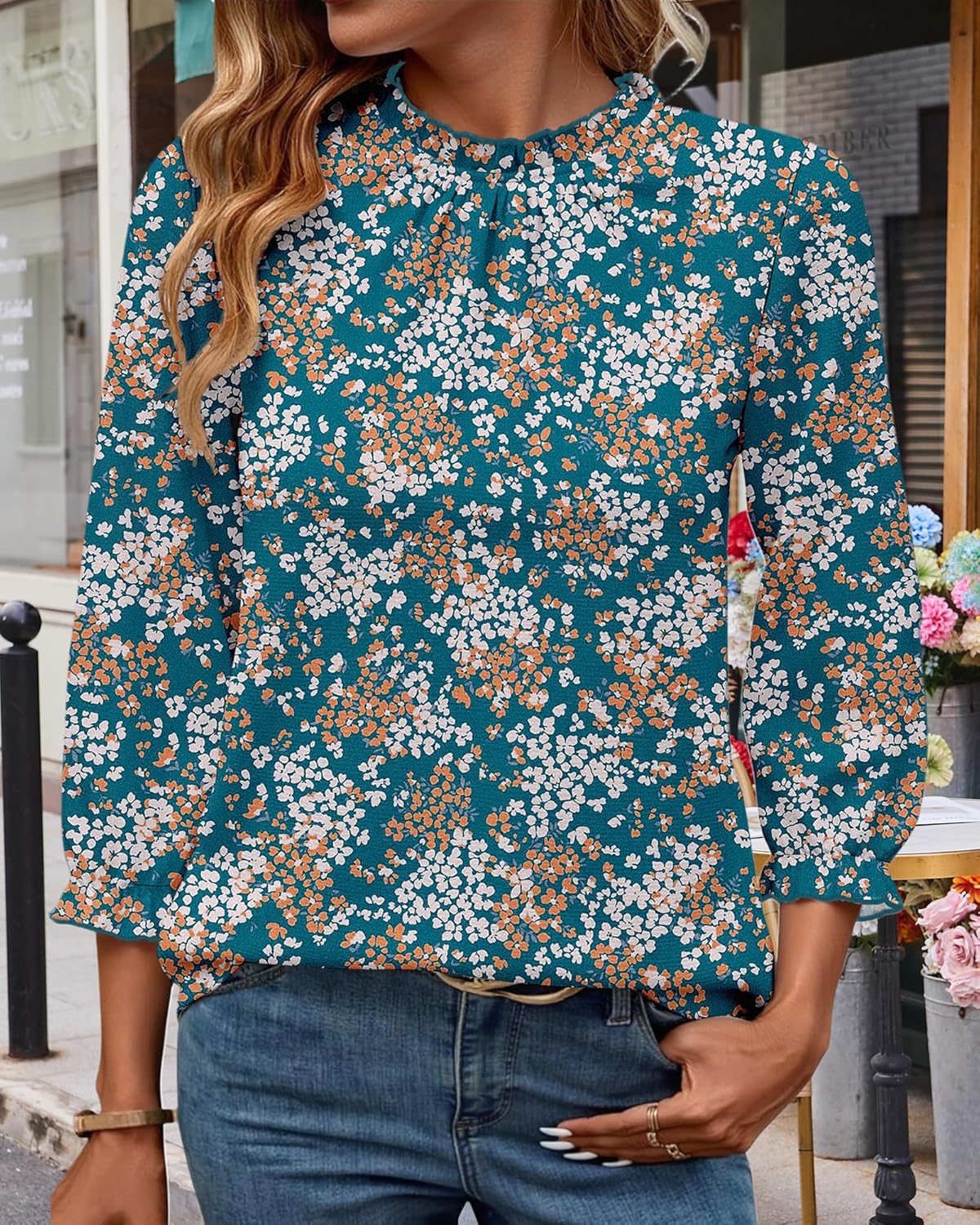 SimpleFun Womens Blouses 3/4 Sleeve Ruffle Neck Printed Business Casual Tops Flowy Dressy Work Shirts - Image 2