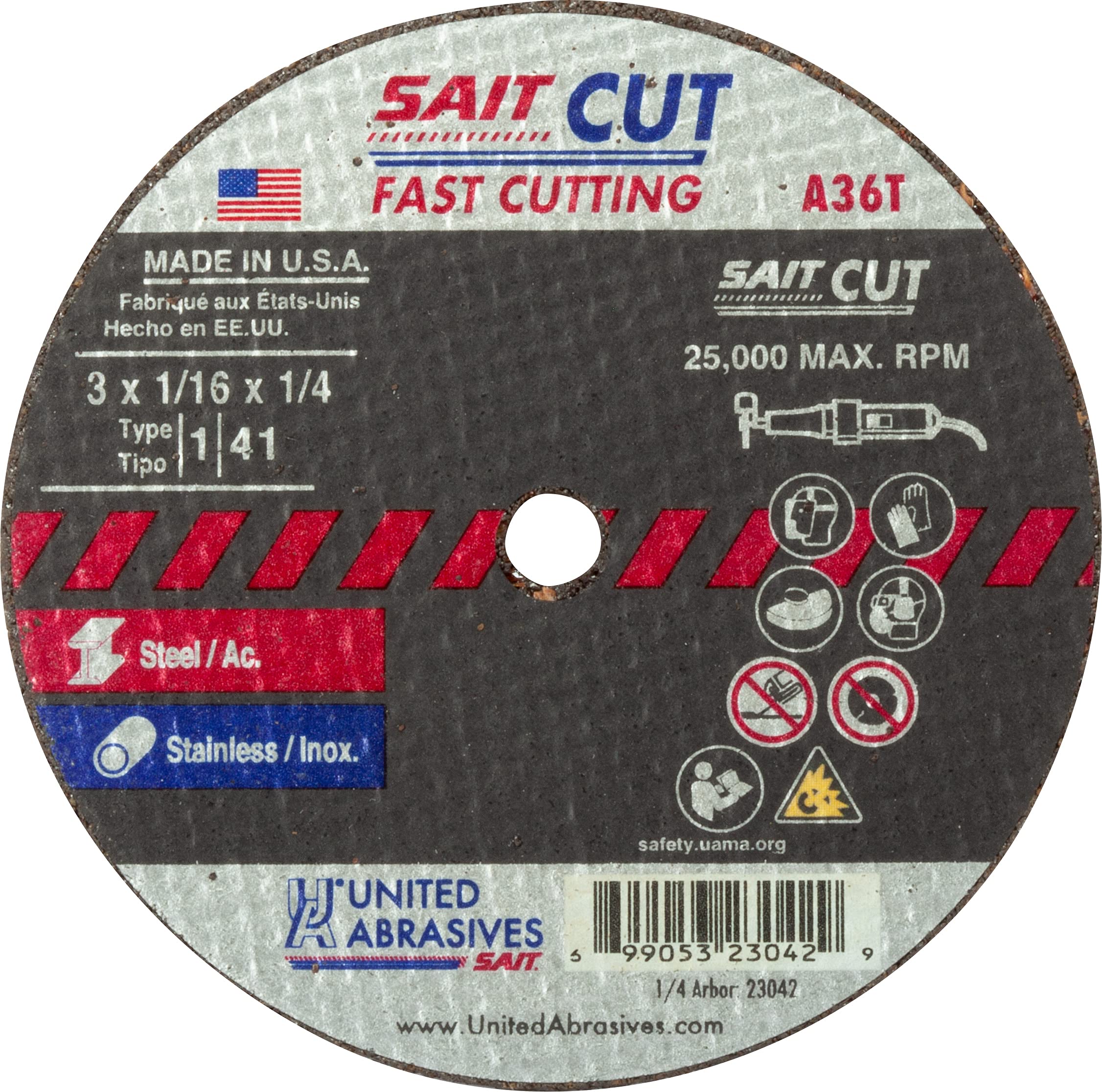 SAIT 3x1/16x1/4 A36T Fast Cutting Thin High Speed Cut-Off Wheels, Aluminum Oxide, 50 Pack