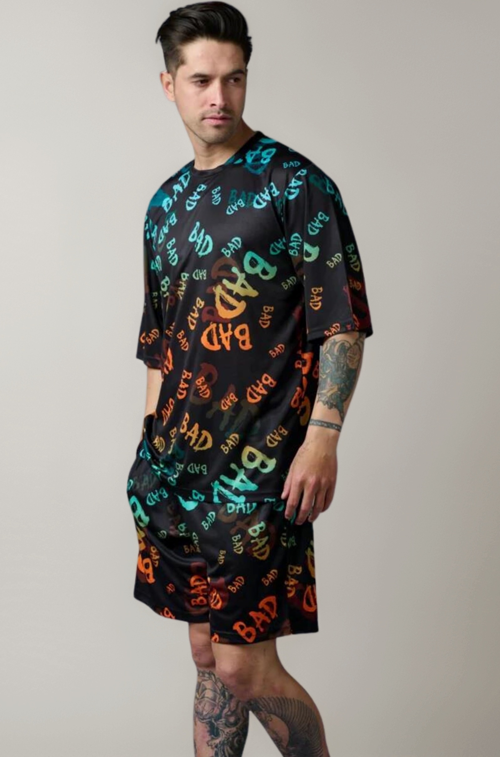 Go Devil Letter Printed Polyester Navy Co-ord Set/Casual Sleepwear for Men Drop Shoulders/Baggy T-Shirts