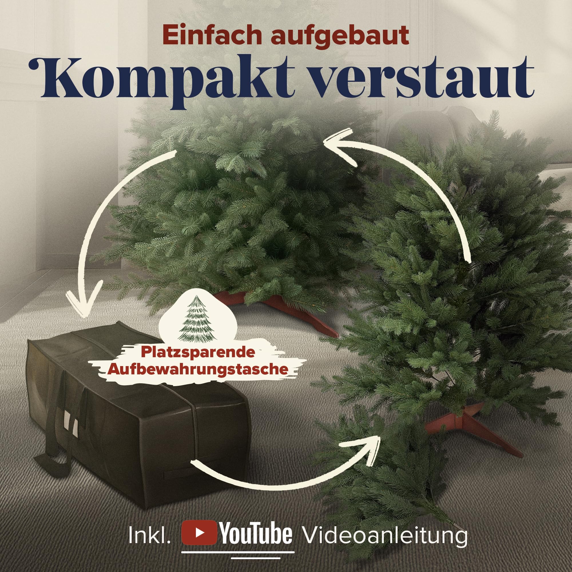 Weihnachtsbaum künstlich 180cm 100% PE Spritzguss - TESTSIEGER - Naturgetreu, dichte Zweige, Künstlicher Weihnachtsbaum mit Holzständer und Aufbewahrungstasche – Tannenbaum künstlich von Pure Living