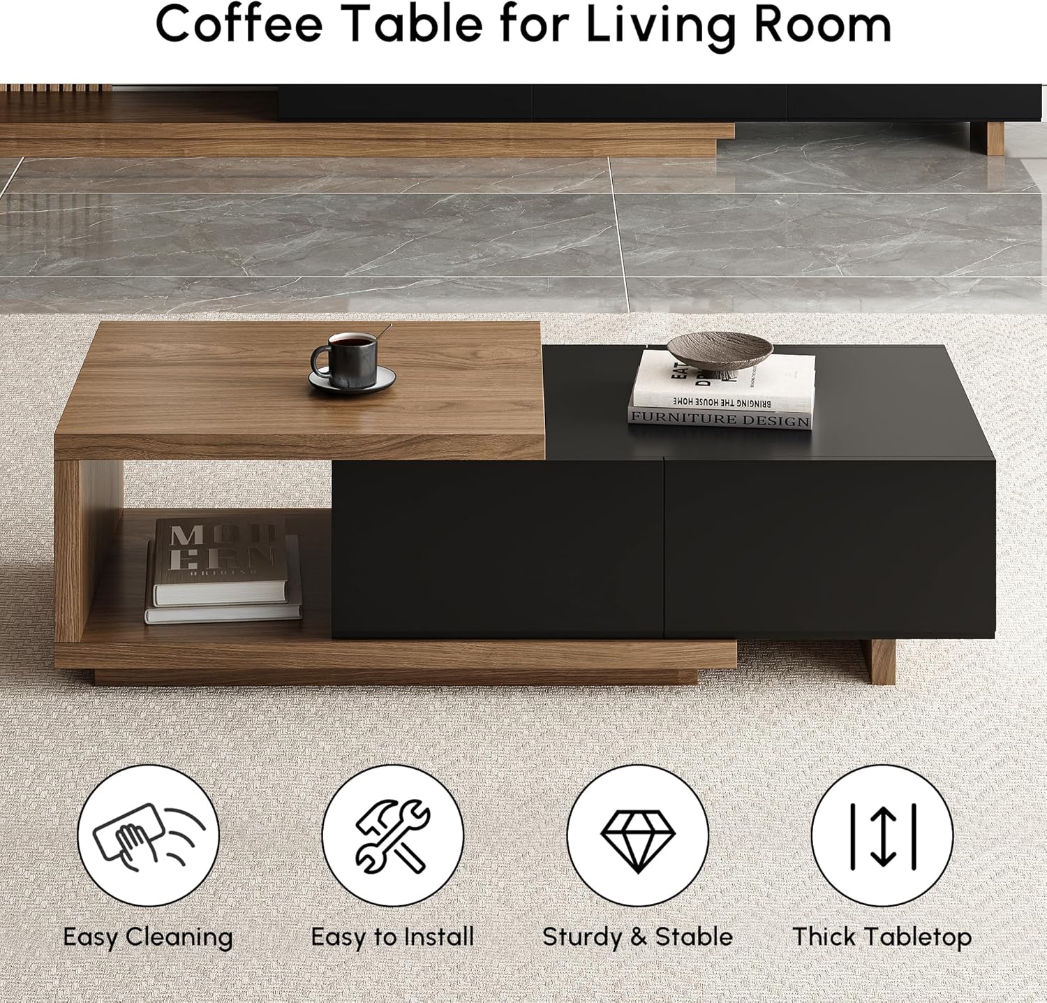 homary Extendable Coffee Table, 47"-69" Expandable Walnut Coffee Table with 2 Drawers, Modern Adjustable Center Table for Living Room & Small Spaces (Black & Walnut)