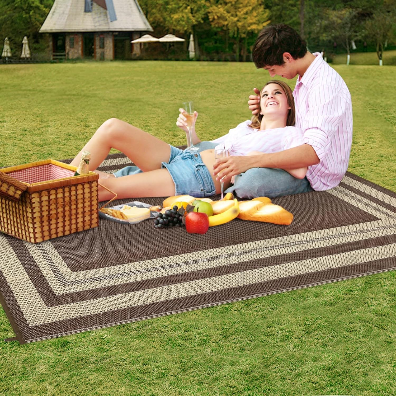 9x12 Outdoor Rug Waterproof Foldable Plastic Straw Carpet for Patio Porch Modern Border Reversible Mat Lightweight Floor Mat for Picnic, Backyard, Rv, Beach, Deck, Camper, Balcony，Brown