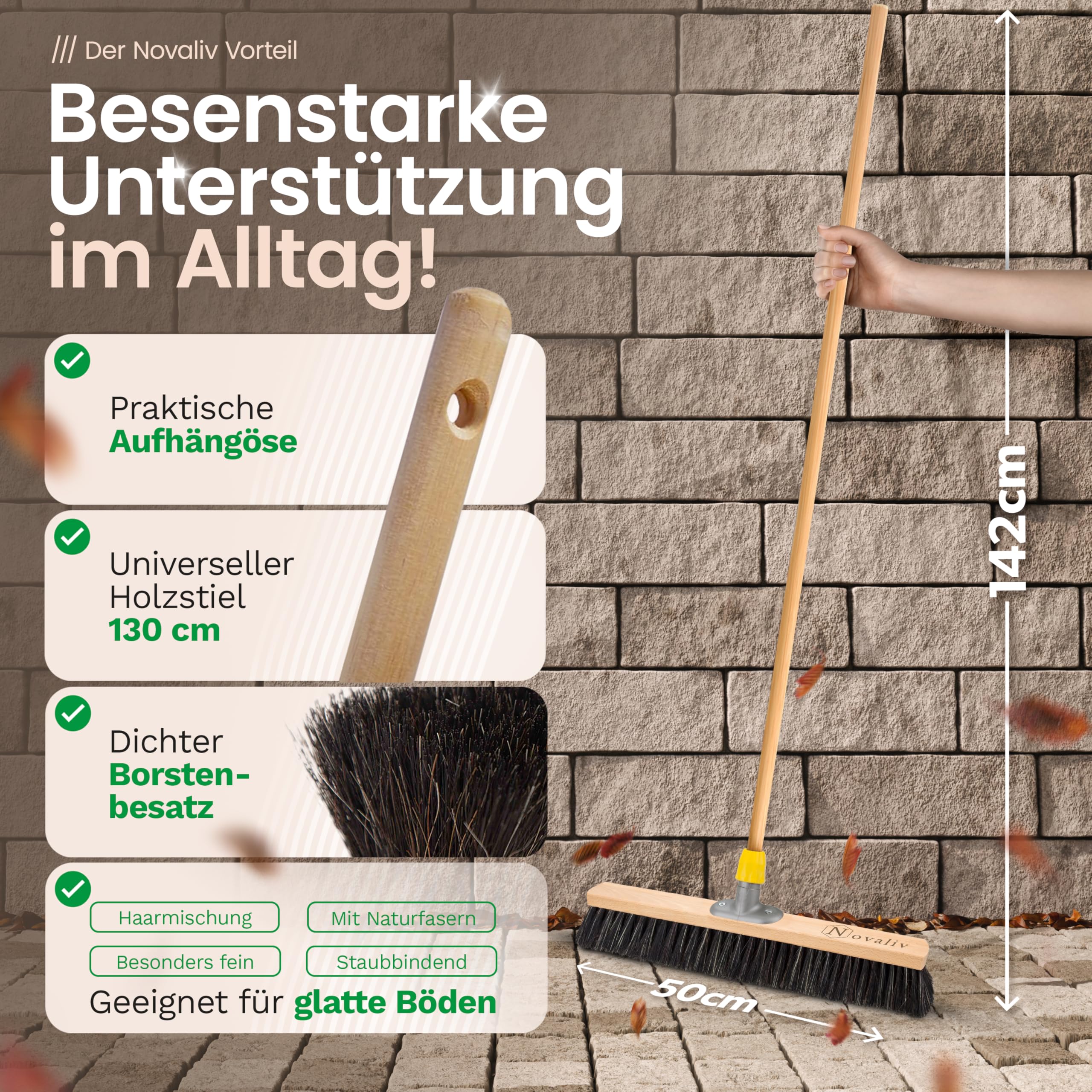 Novaliv 4X Besen weiche Borsten 50 cm I Besen mit Holzstiel I Rosshaar Mischung schwarz I Kehrbesen Hofbesen