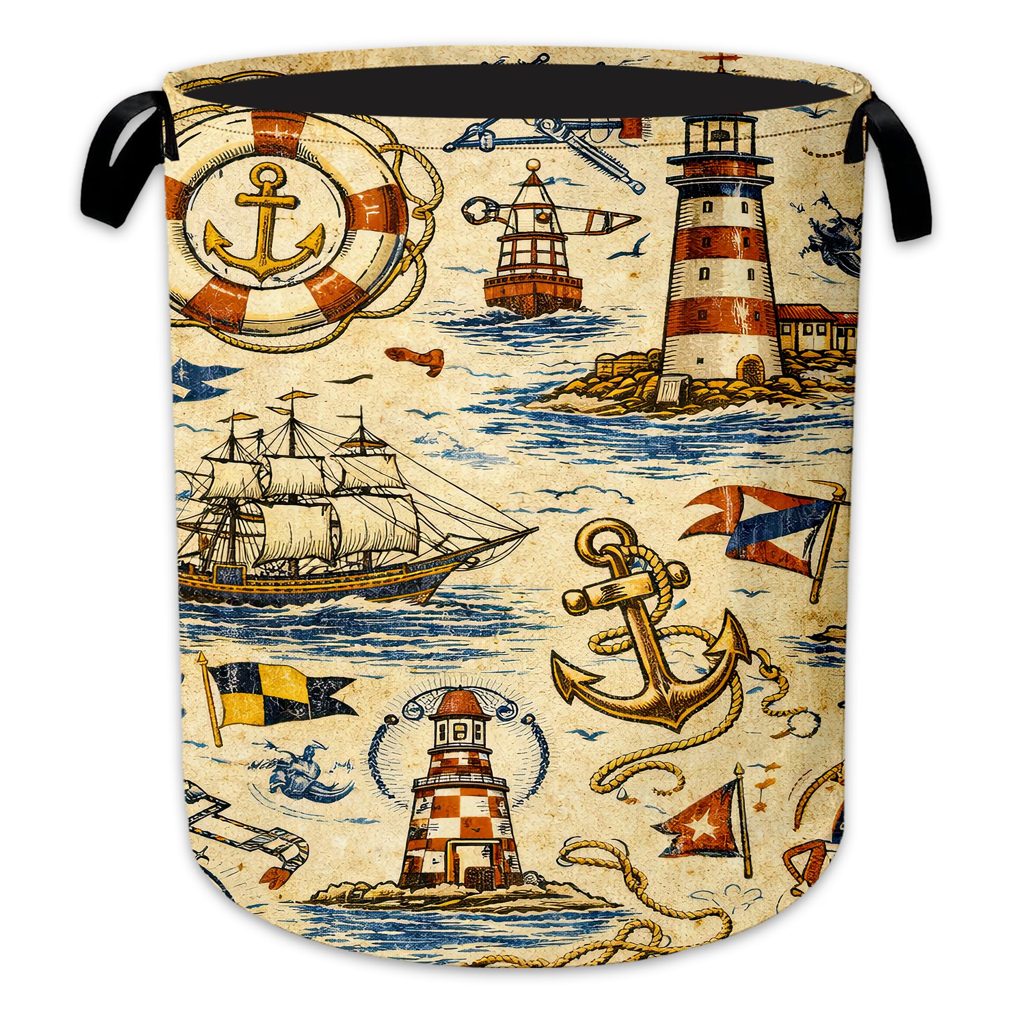 Nautical Lighthouse Laundry Basket, Anchor Ship Collapsible Laundry Hamper Waterproof Oxford Cloth With Handles, Clothes Storage Bucket For Bathroom/Bedroom 16" x 20.8"