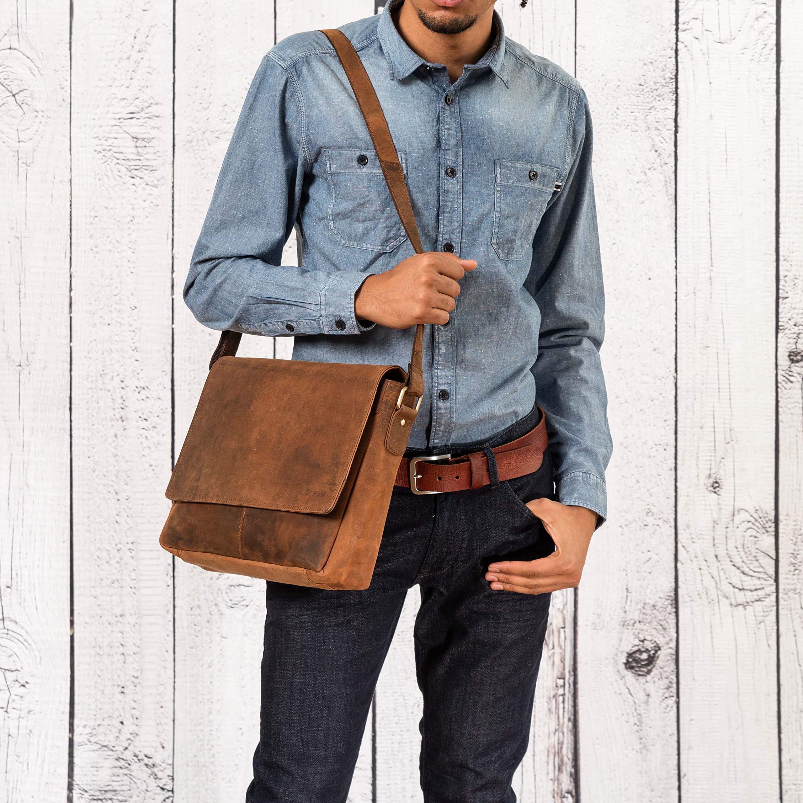 LEABAGS Leder Umhängetasche Herren & Damen I Echtleder Laptoptasche bis 14 Zoll I Messenger Bag mit Schultergurt I Schultertasche I Arbeitstasche I Tragetasche I Handtasche