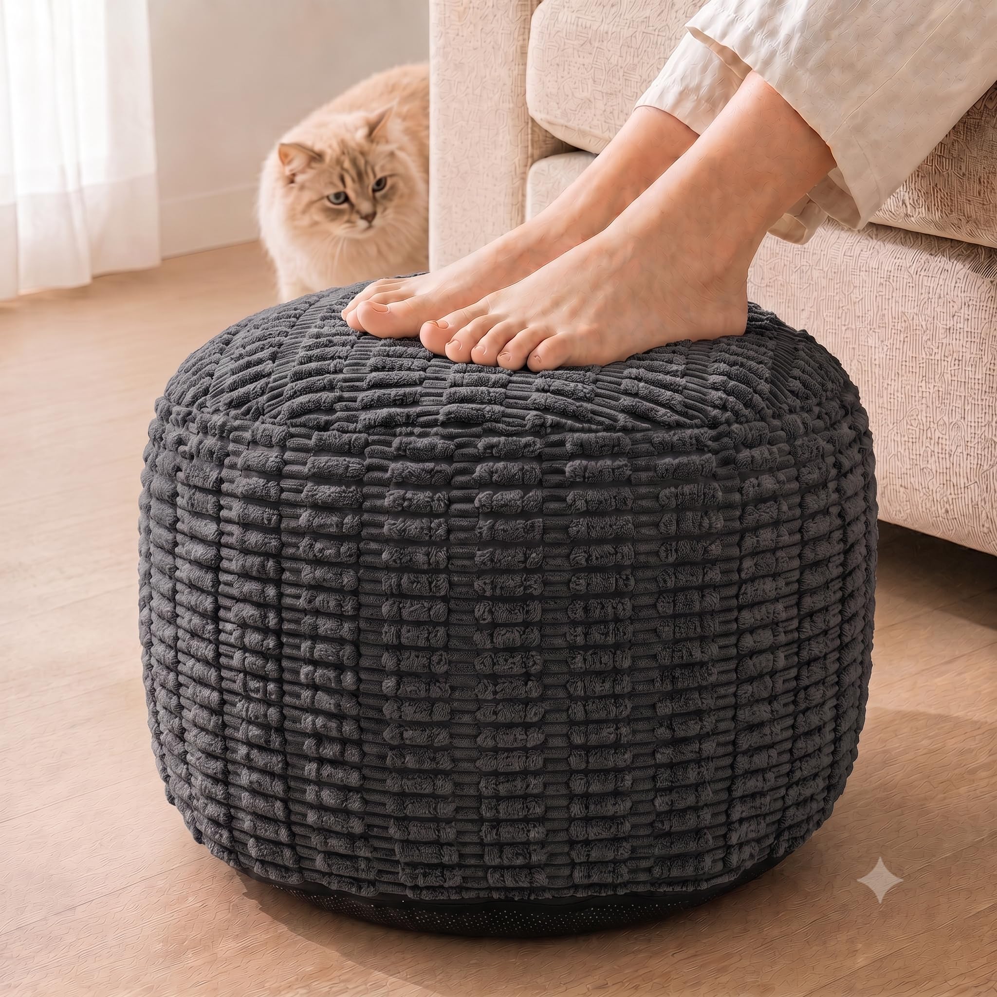 Round Pouf Ottoman, Charcoal Gray, 20"x13", Corduroy Foot Rest