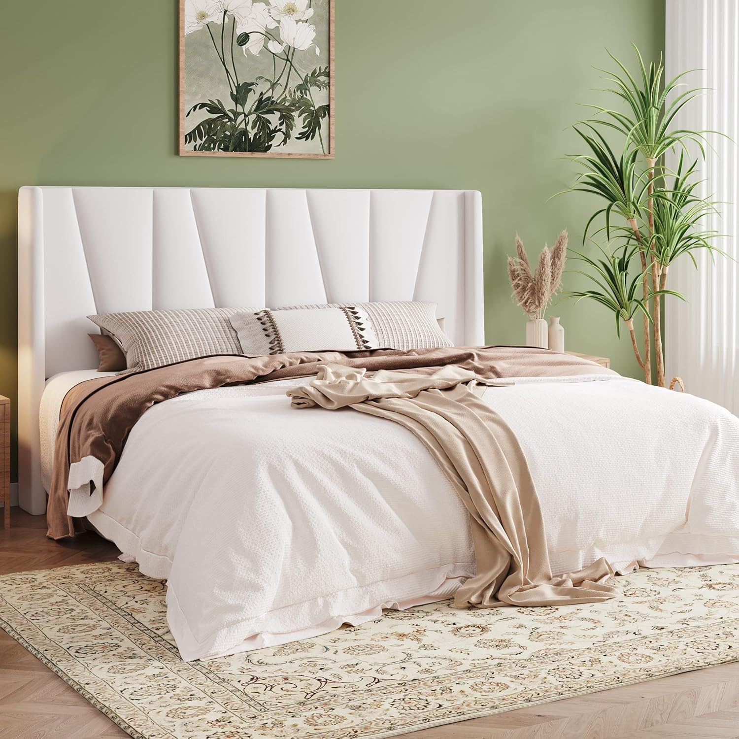 Allewie King Size Platform Velvet Bed Frame with Geometric Wingback Headboard, Boho Upholstered Bed with Wooden Slats Support, No Box Spring Needed, Easy Assembly, White