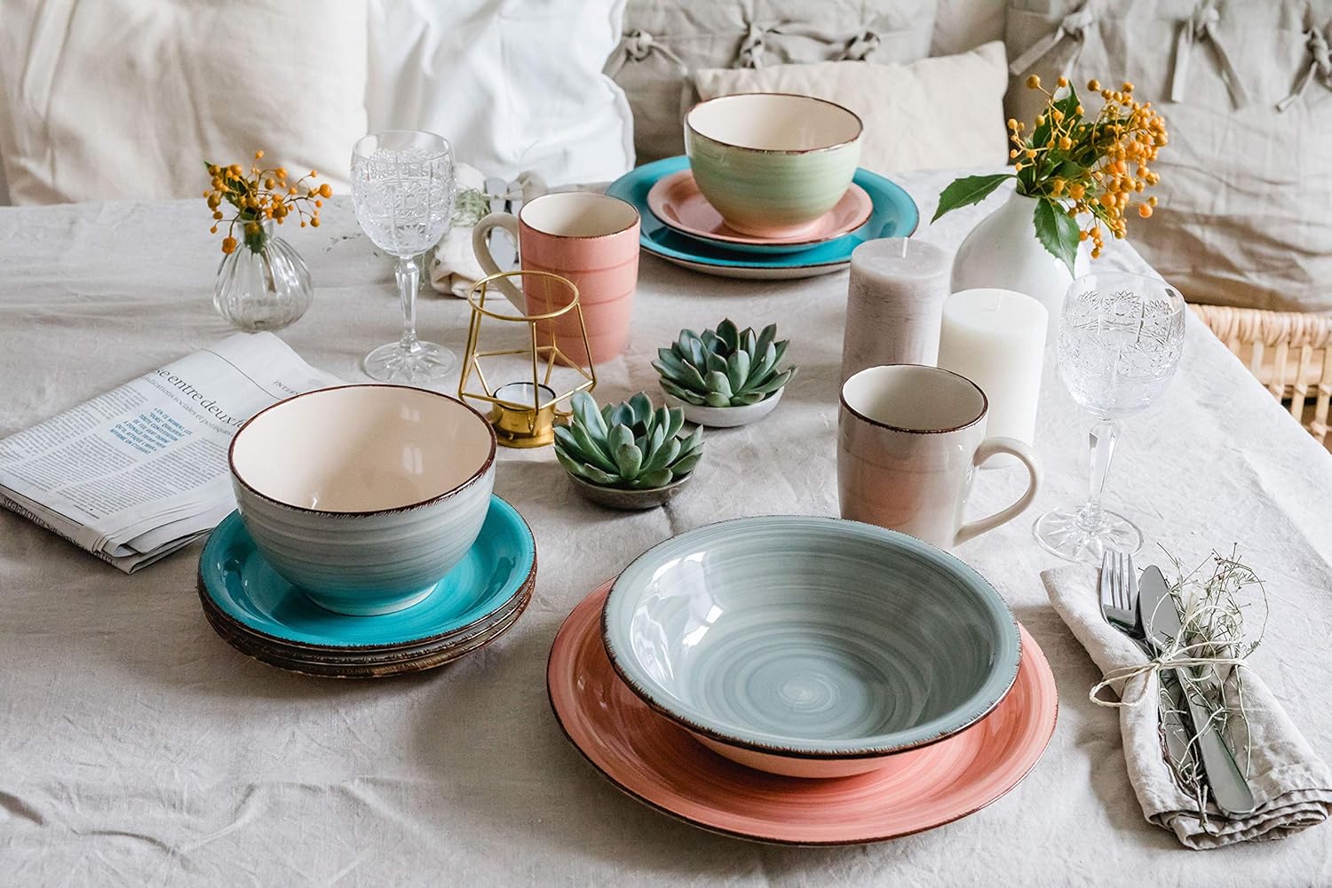 MÄSER 931602 Bel Tempo II Plate Set for 6 People in Modern Vintage Look 12 Piece Dinner Set Hand Painted Dark Blue Earthenware Blue