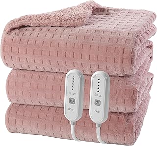 Dowin Pink Heated Blanket King Size - Waffle Electric Blankets with Dual Control, 5 Heating Levels, 10 Hrs Auto Off, Sherpa Flannel Warming Blanket for Bed, Machine Washable, 90×100"