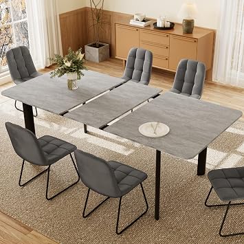 JIEXI Dining Table with 4-8 Chairs Set Extendable Dining Set Modern Stylish MDF Panels Dining Table for the Living Room (160-200 cm Grey Table + 6 Grey Chairs - B)