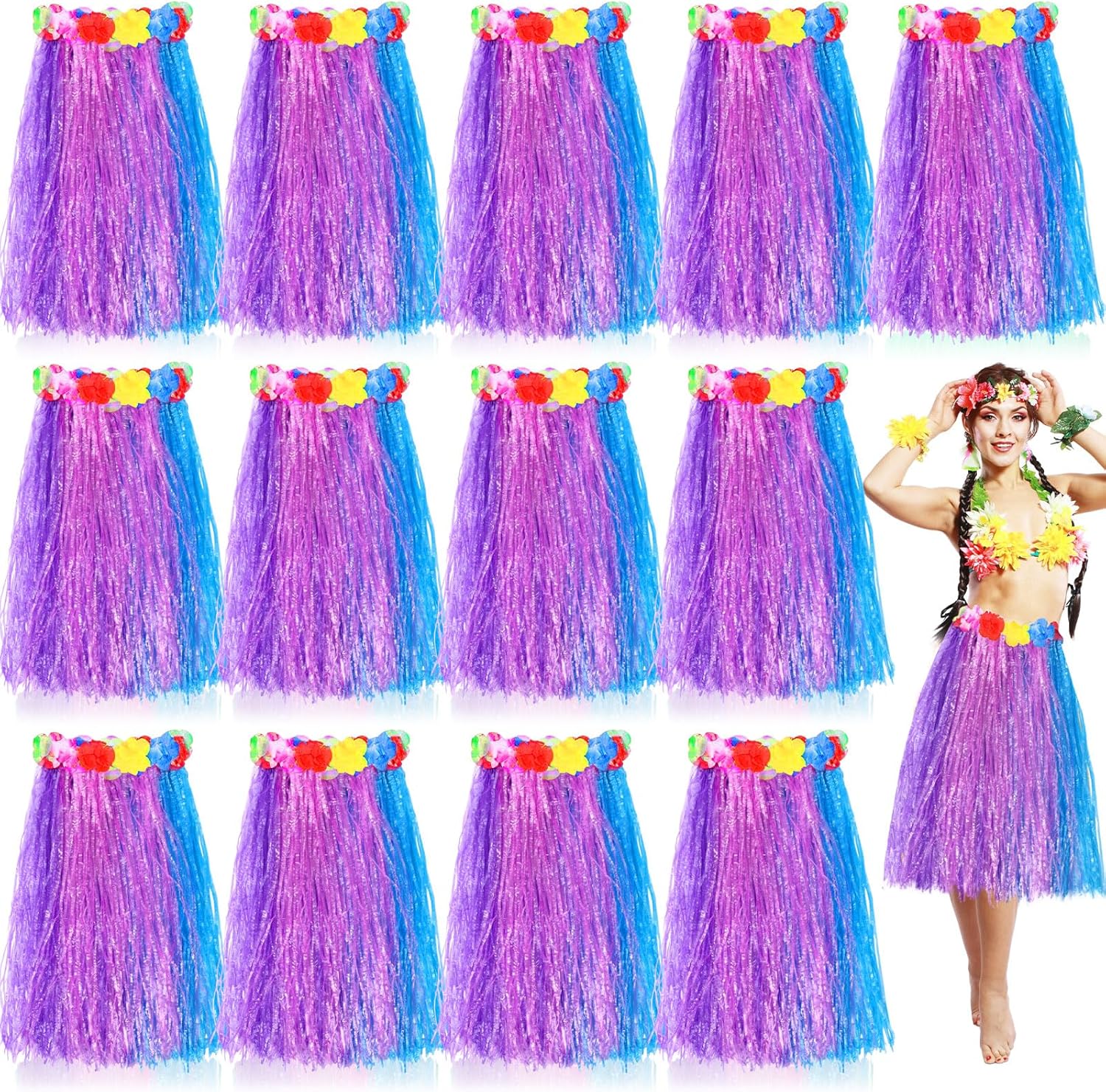 unittype 12 pcs hawaiian luau hula skirts elastic hibiscus flowers tropical skirt for kids christmas party costume 3 colors