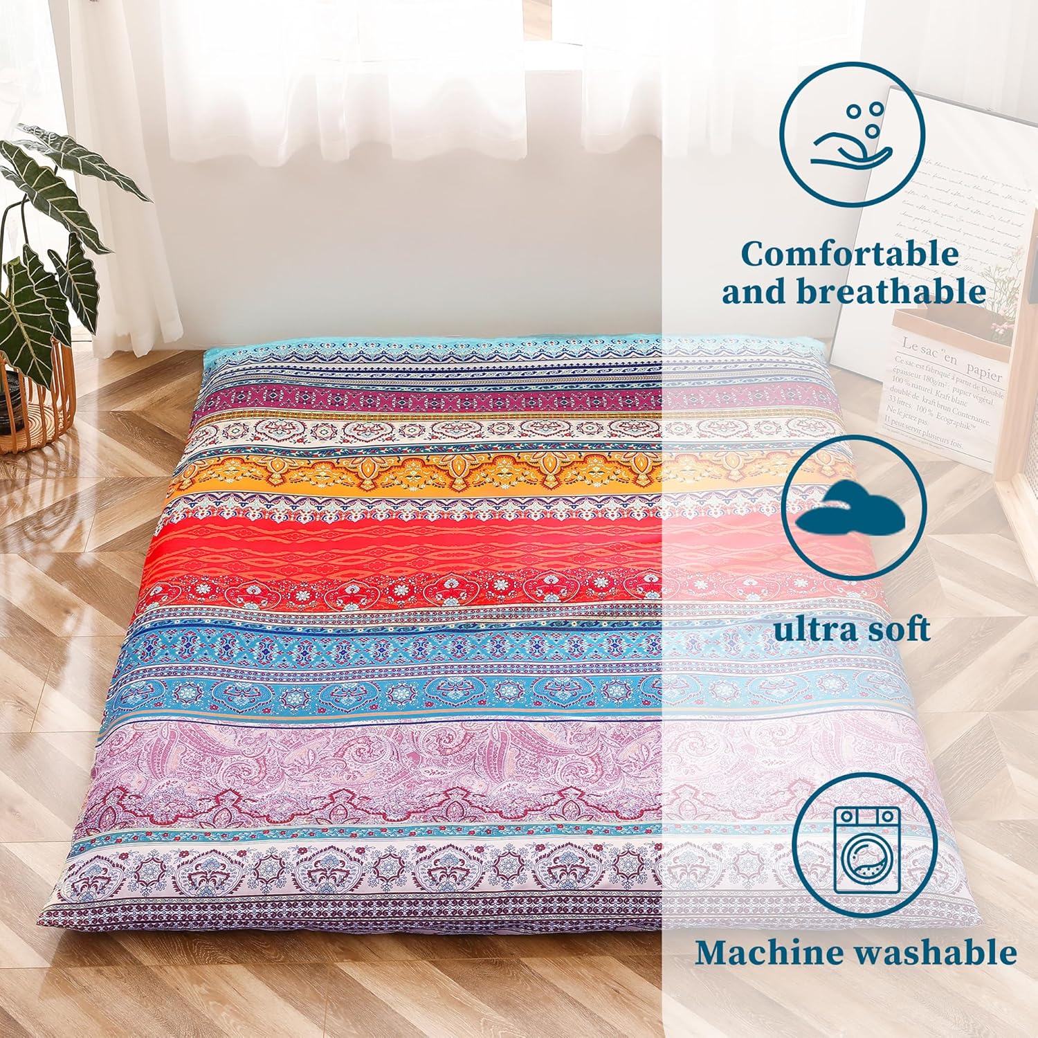 MAXYOYO Mattress Cover for Traditional Japanese Futon Mattress, Futon Floor Mats Cover with Zipper, Super Soft and Machine Washable, Boho Style, Full