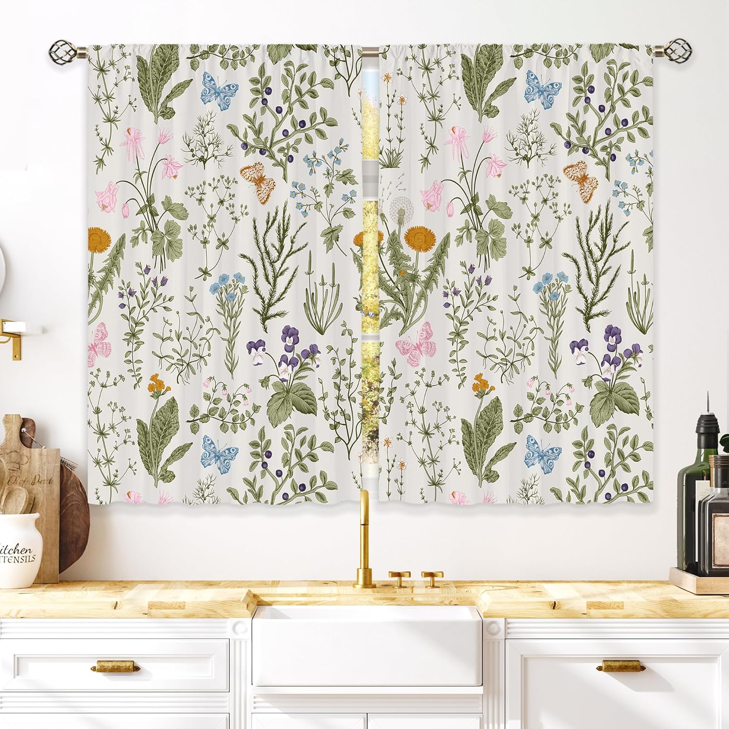 Amazon.com: Laifzere Vintage Floral Sage Green Leaves Kitchen Curtains ...