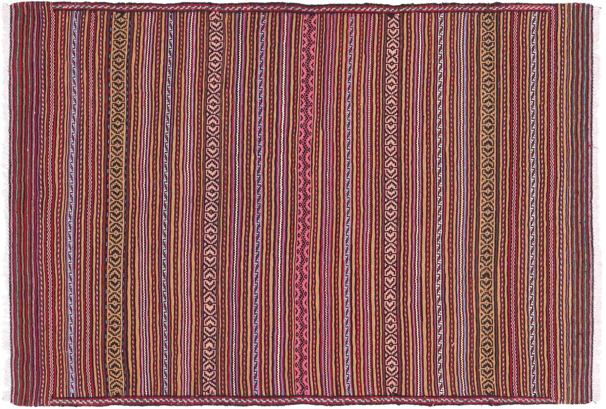 Tapis Kelim Soumakh Ghalmuri 100x140 cm authentique marron à rayures