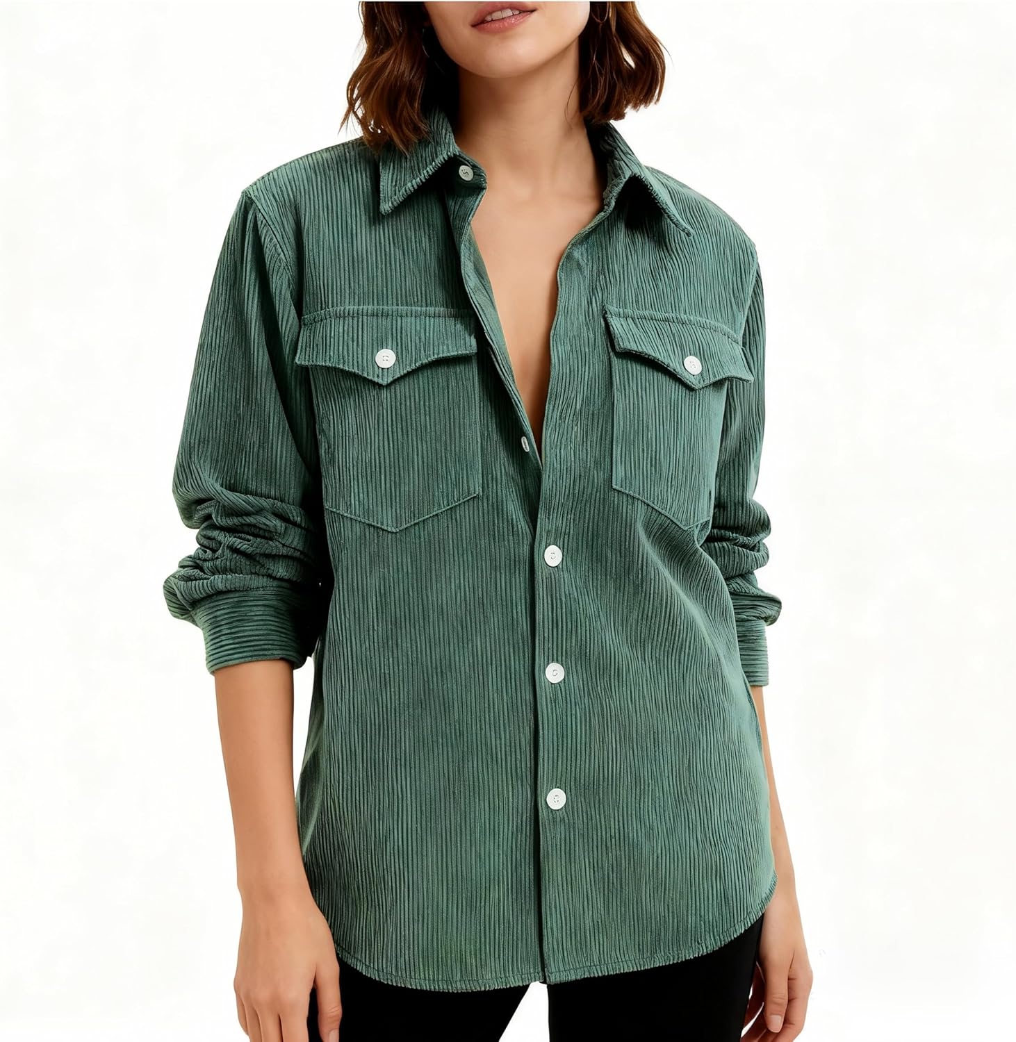 Unisex Women and Men Button Down Corduroy Shacket Jacket Shirt Cotton Heavy Corduroy Long Sleeve with Flap Pockets - Image 3