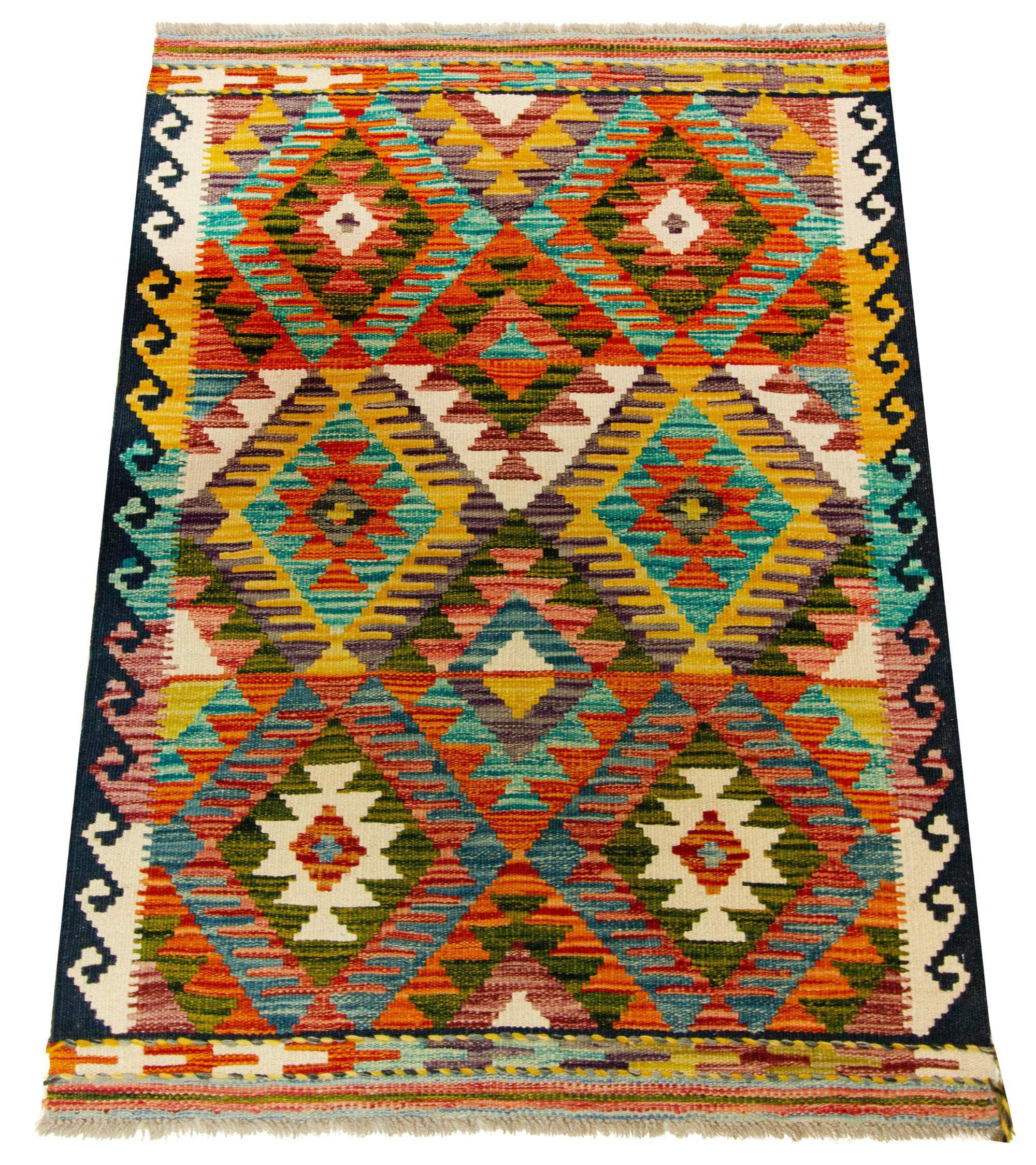 Kilim Tapis 100 % laine 121 x 82 cm, fait à la main, pièce unique de style Herat Boho multicolore, tissage plat, tapis d'entrée et chambre
