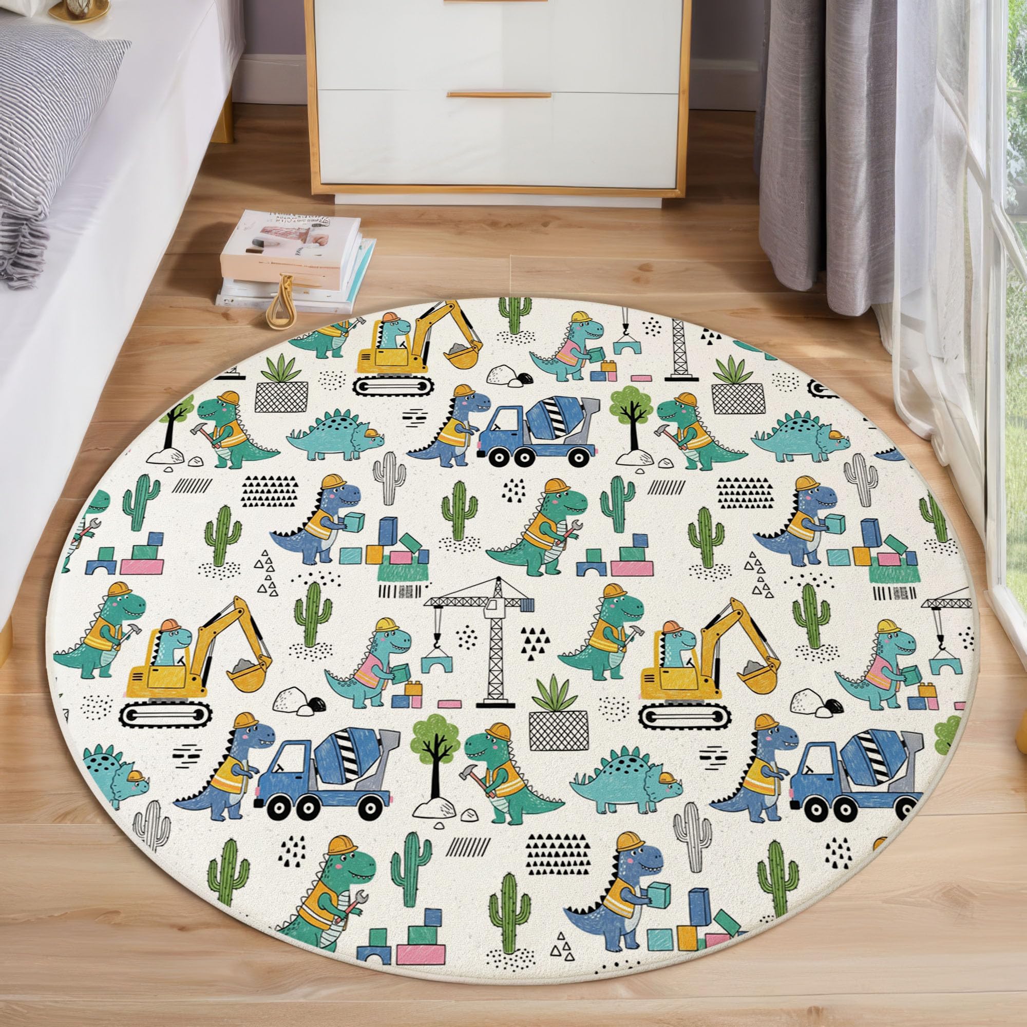 Tappeto Rotondo Bambini Dinosauro Cartoni Animati Tappeto a Pelo Corto Veicolo Ingegneristico Tyrannosaurus Rex Antiscivolo, Lavabile per Salotto, Cameretta dei Bambini, Dimensione: 120cm, Blu-Verde