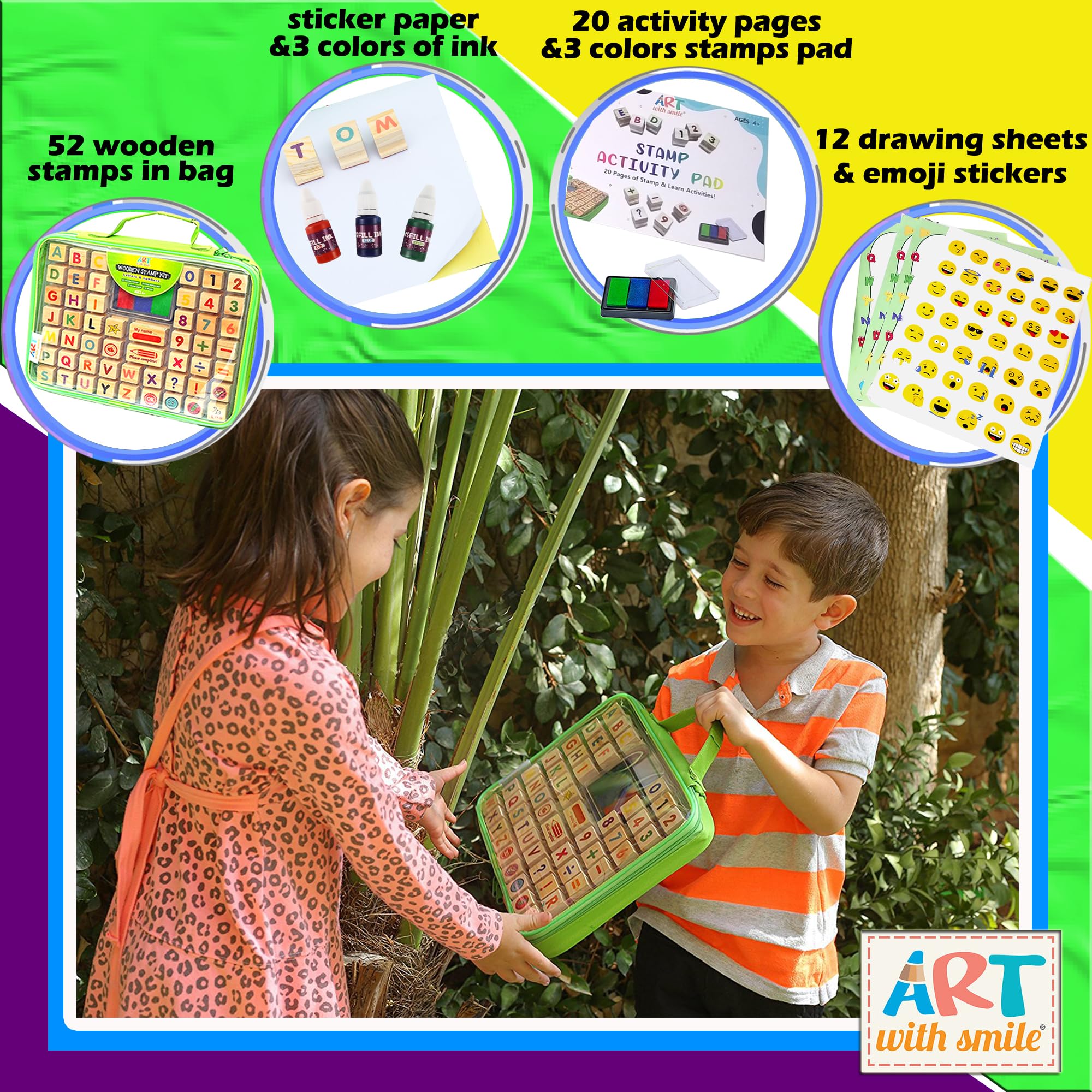Kit de 72 Sellos de Madera con Alfabeto y Estuche; Almohadillas de Tinta Lavable de 3 Colores con Letras, Números y Emojis, 3 Botellas de Recambio y Libro de Actividades; Sellos ABC123, Regalo Ideal