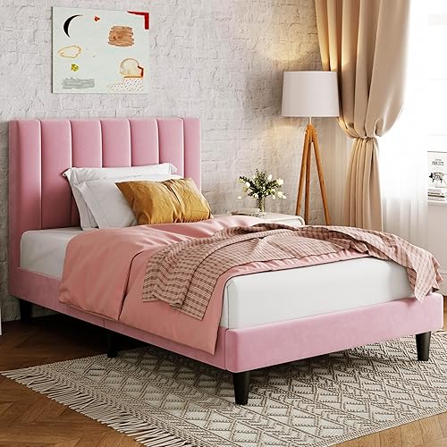 Miniatura 105 de Allewie - Base de cama tapizada en terciopelo, cabecera capitoné de canales verticales, listones de madera reforzados, opción de somier, fácil de