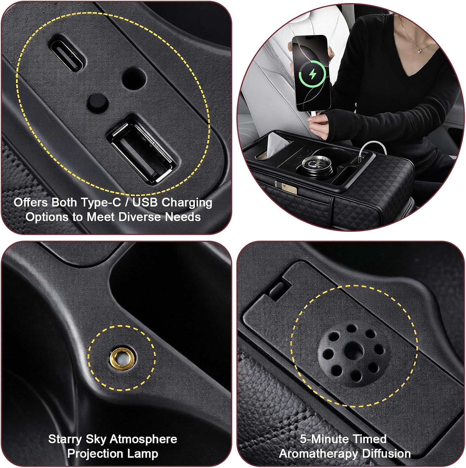 2026 8-in-1 Multifunctional Pu Leather Car Armrest Box Mat, Car Armrest Storage Box with Type-C Charging Ports & Starry Sky Projection, Car Armrest Cover with Aromatherapy (Black)