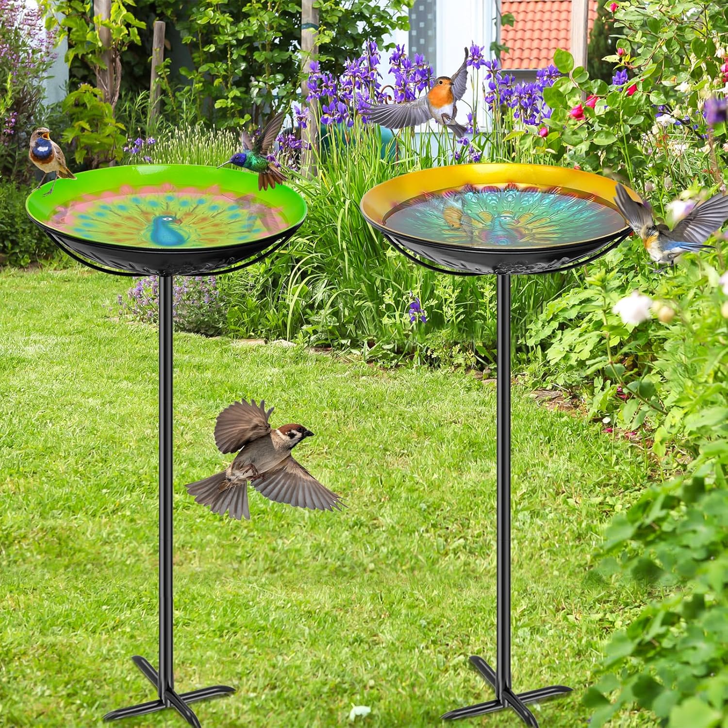 Metal Bird Bath for Outside, Freestanding Birdbaths & Birdfeeder with Colorful Peacock Embossed Basin, Vintage Bird Baths Feeder Bowl for Outdoors Garden Yard Lawn Decor (Peacock Green)