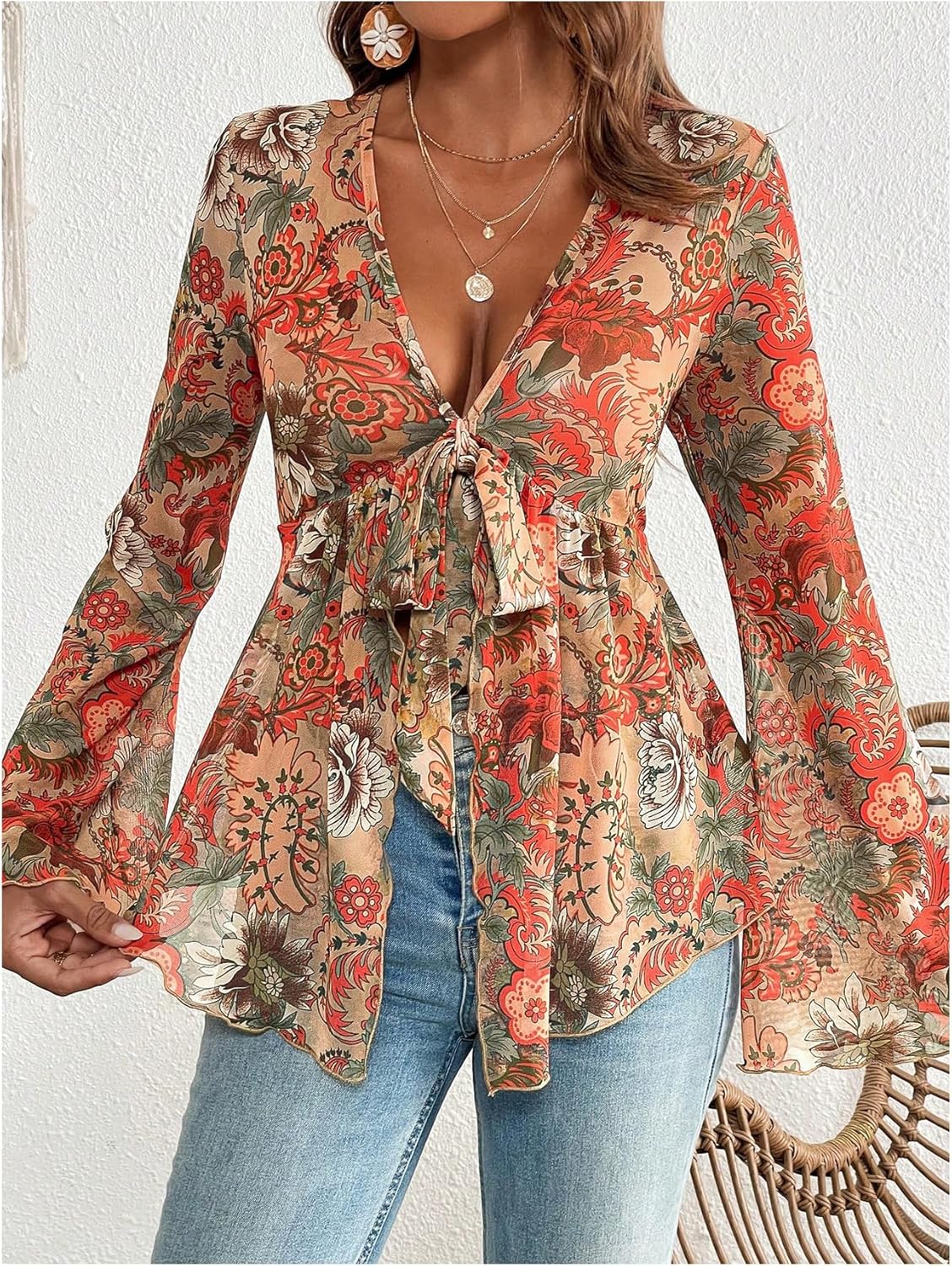 GORGLITTER Women's Bell Sleeve Tops Tie Front Sheer Mesh V Neck Ruffle Peplum Blouse Top
