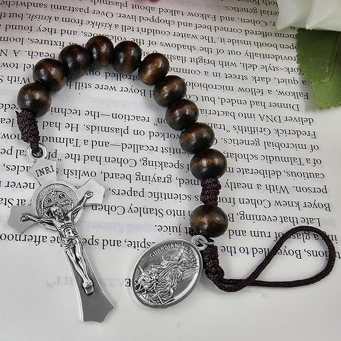 TALISMAN4U Saint Benedict Medal Crucifix One Decade Pocket Rosary Wood Bead