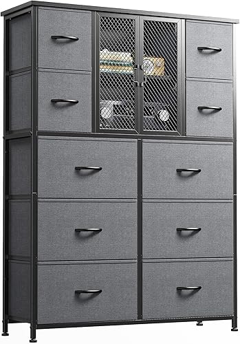 Miniatura 9 de Cómoda para dormitorio con puerta de malla, cómoda alta y cómoda con 10 cajones de tela, organizador de aparador de dormitorio, marco de metal,