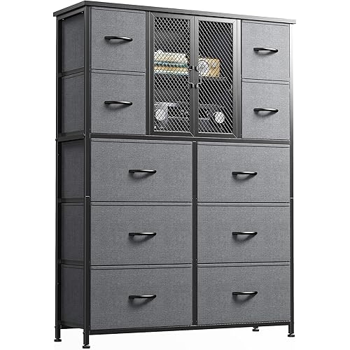 EnHomee Dresser for Bedroom with Mesh Door Tall Dressers & Chests of Drawers with 10 Fabric Drawer Morden Dresser Organizer,Metal Frame,Wood Top,for Closet,Entryway,Gray 38" Wx11.81 Dx48.1 H