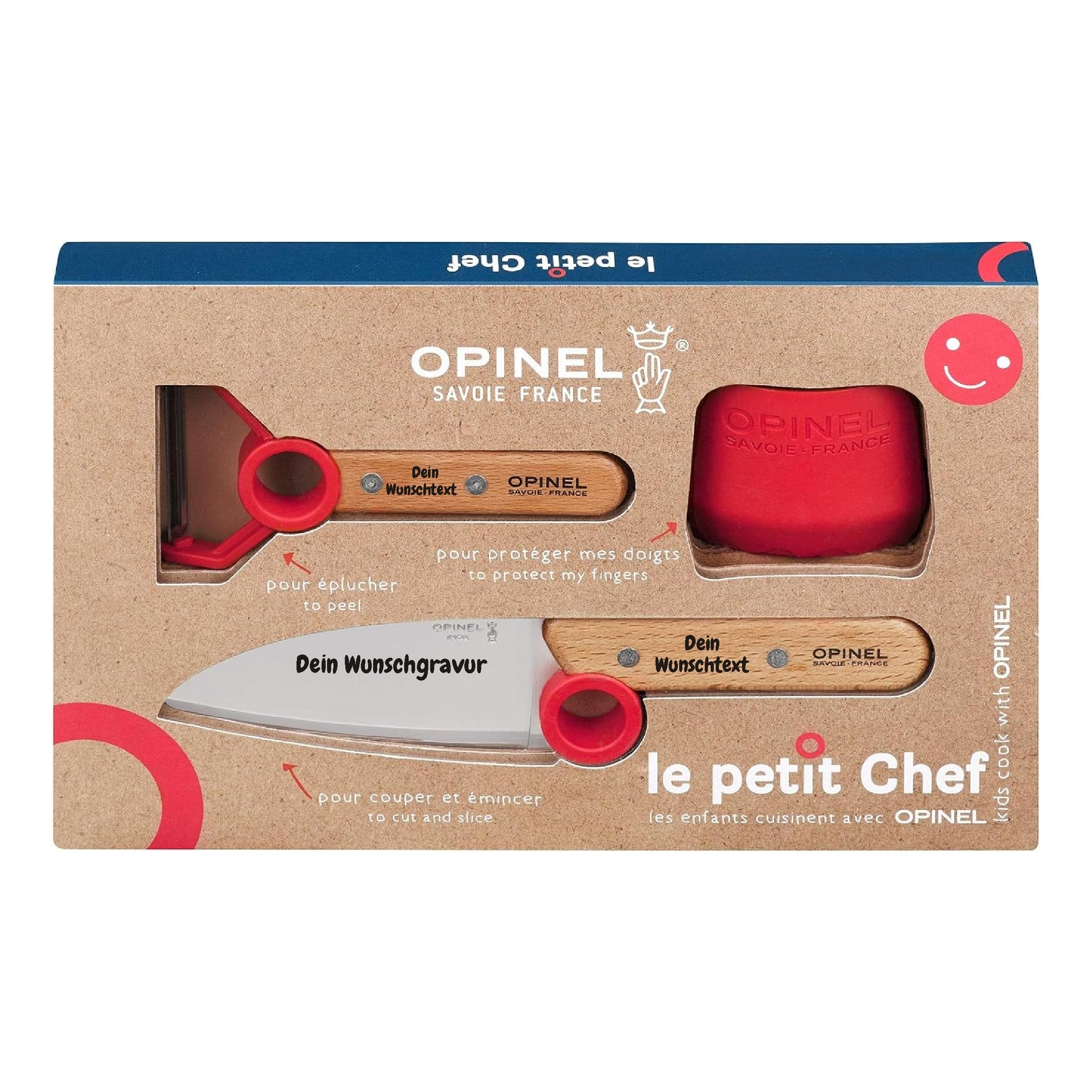 Opinel Le Petit Chef Lot de 3 couteaux de cuisine pour enfant avec manche en bois - Gravure personnelle - Éplucheur - Inoxydable - Protection des doigts - Cadeau (rouge)