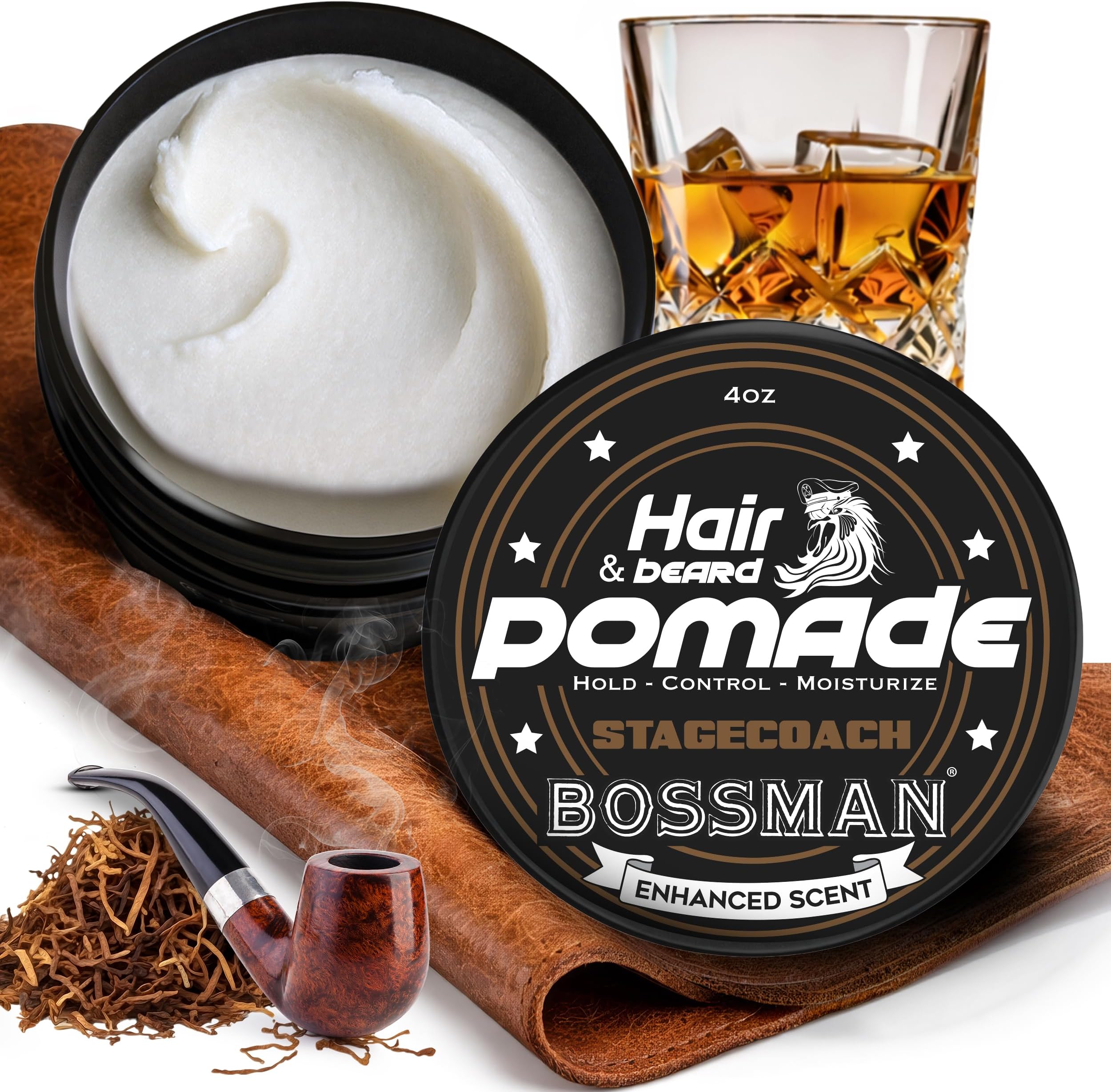 Bossman Hair & Beard Pomade for Men (Stagecoach Scent) – Medium Hold & Moisturizing for Hair, Beard & Mustache Styling – Made in USA