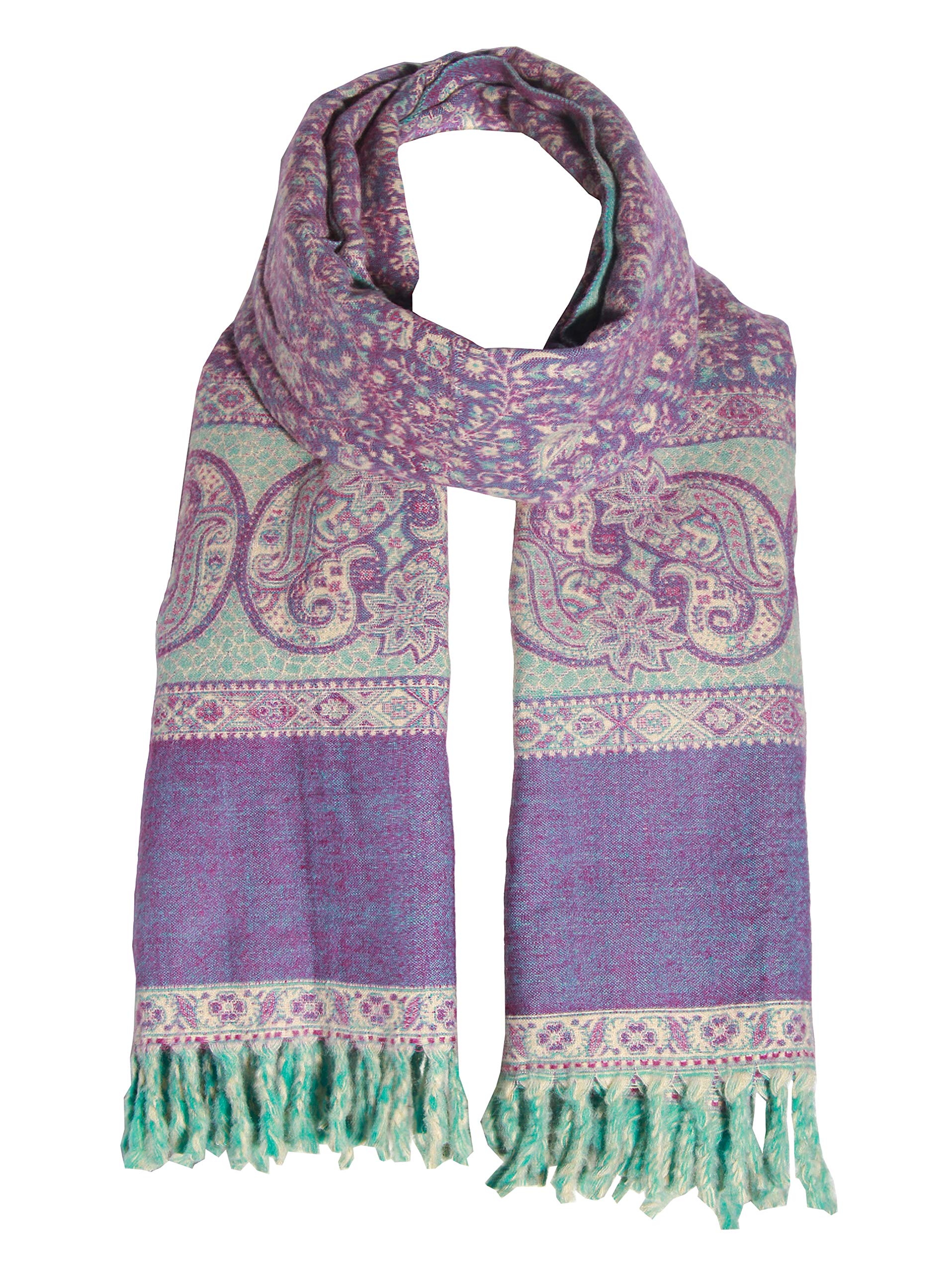 TIBET Paisley-Schal, handgefertigt, reine Yakwolle, doppelseitig, übergroß, Violett / Beige, Lila Beige, One size