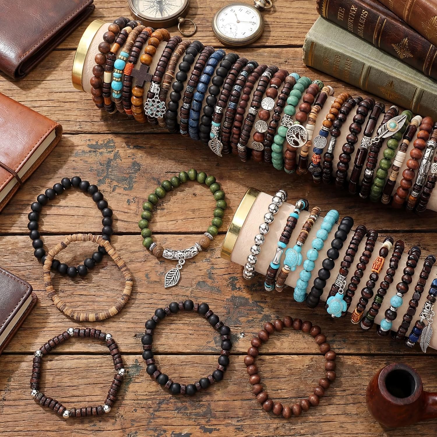 Tondiamo 48 Pcs Punk Wooden Beads Bracelets Gothic Bracelet for Men Adjustable Bulk Vintage Beaded Bracelet Metal Set Wood Bangles Wristbands Commemorative Gift