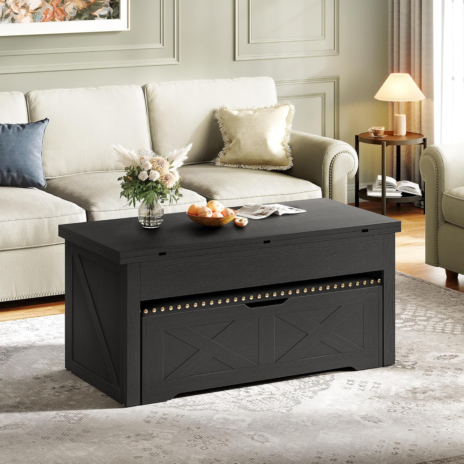 YITAHOME Lift Top Coffee Table Set with Storage Ottoman Bench & Wheels, 4 in 1 Convertible Dinning Center Tables with Hidden Compartment, Farmhouse Coffee Tables for Living Room Furniture, Black