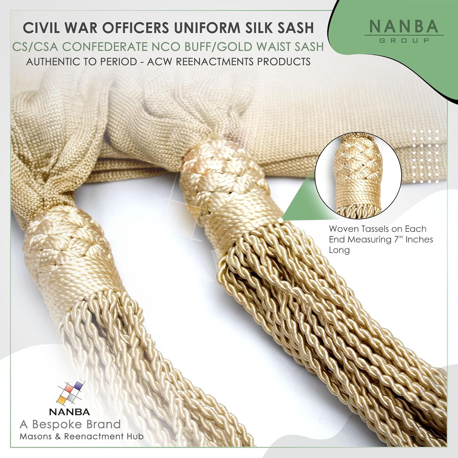 Civil War Officers Uniform Waist Sash - CS/CSA Confederae NCO Buff/Gold - Authentic to Period - ACW Reenactment Product