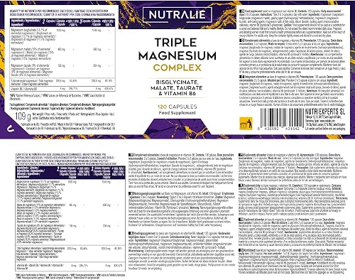 Magnésium Complexe 3 en 1 - Bisglycinate Malate Taurate - Énergie + Fatigue avec Vit B6 - Magnesium Bisglycinate - 120 Gélules Nutralie - 6