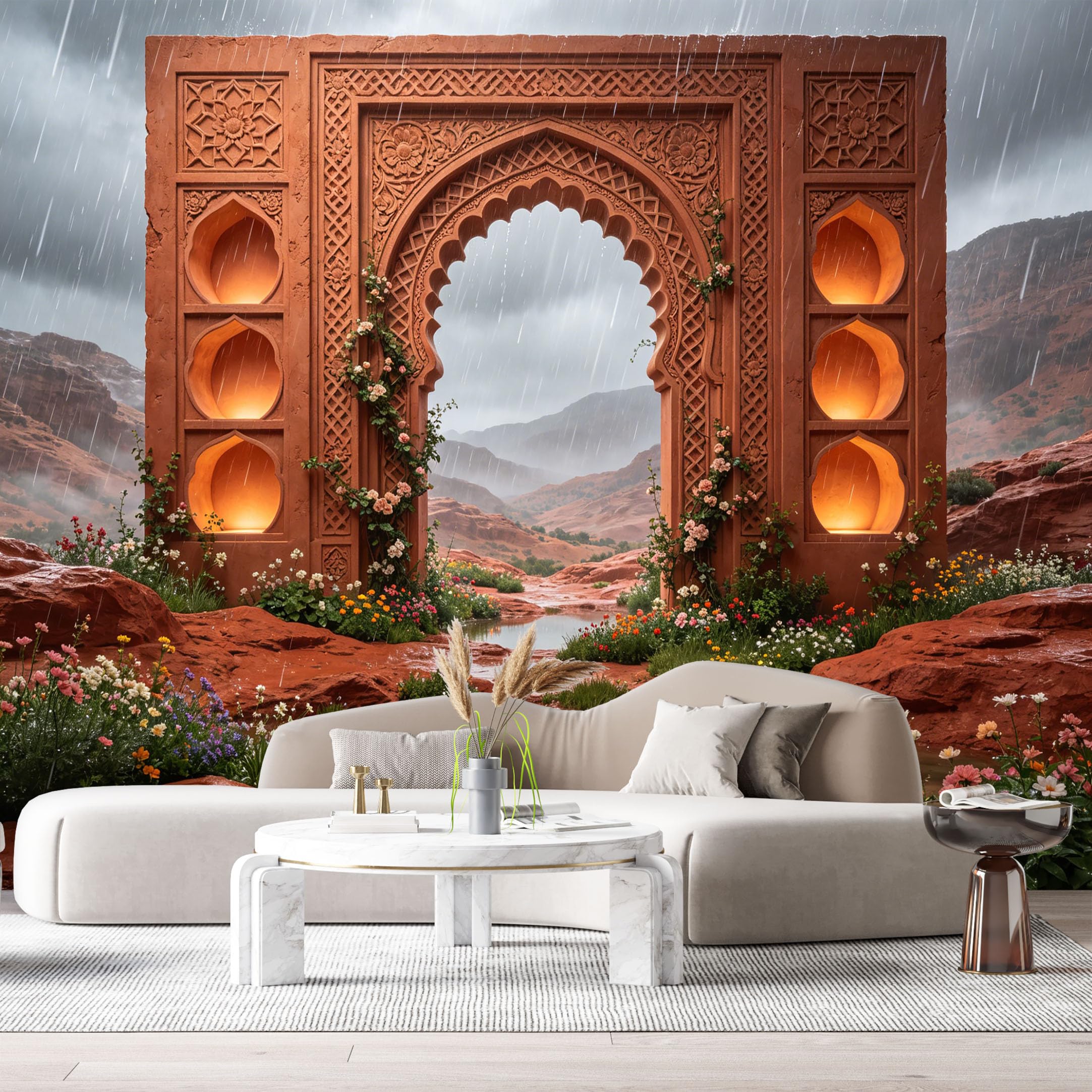 Custom Size Wall Murals Arch Desert Canyon Rainstorm Geometric 3D Trompe L'Oeil SelfAdhesiveWall Fabric Removable Wallpaper Wall Decor for Living Room Bedroom Bathroom