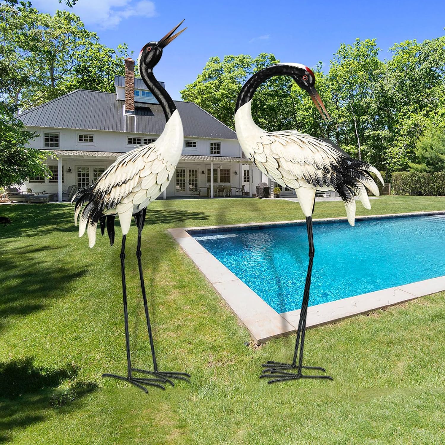 chisheen Garden Crane Statues Outdoor Heron Red Crowned Crane Metal Yard Art Sculpture,Set of 2