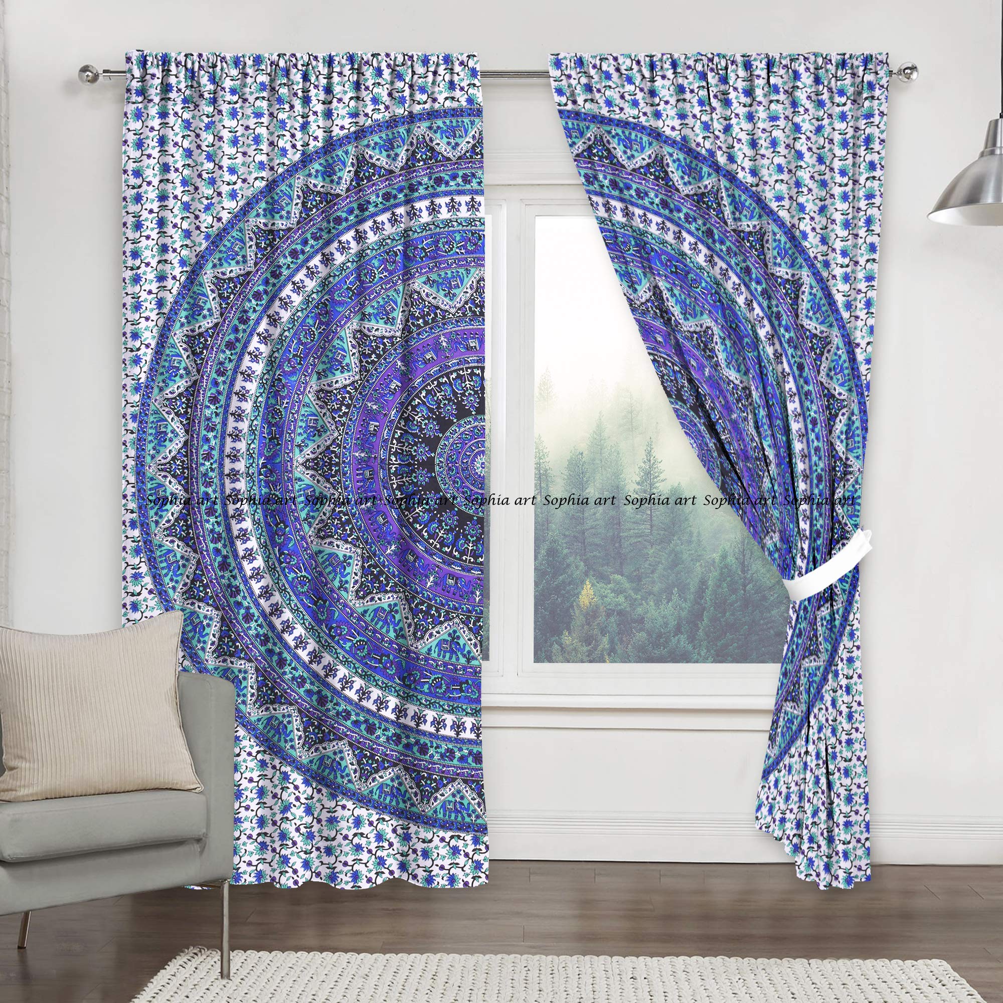 Tenda Indiana Con Mandala Per Cucina E Balcone - Set Di 2 Pannelli In Cotone 208x104 Cm - Arazzo Etnico Con Tasca Porta Asta - Colore Blu