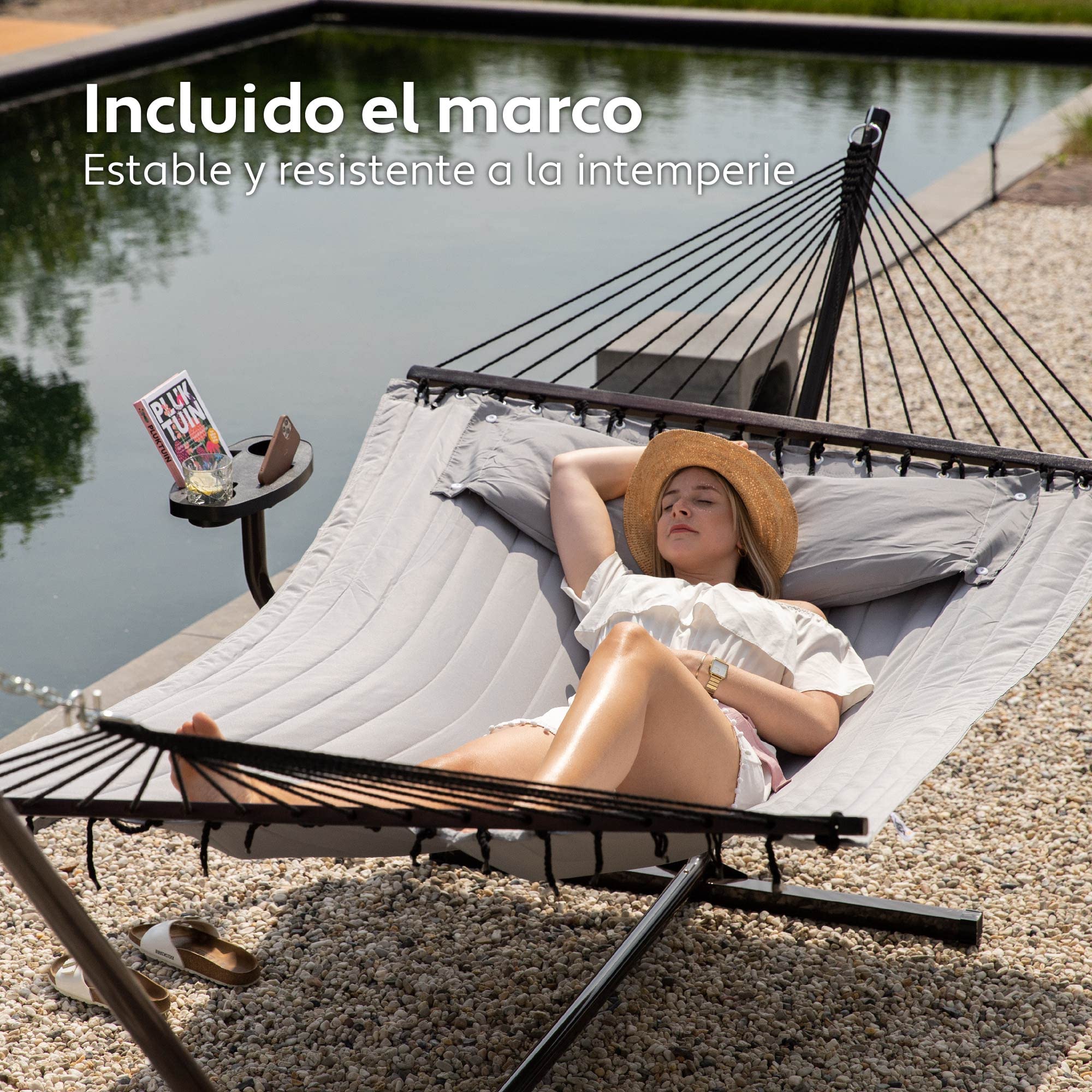 VITA5 Hamaca Doble con Soporte y Mesa Auxiliar 200 kg | Disfruta del Descanso en Jardín o Piscina con Portabebidas Integrado y Espacio para Dos Personas