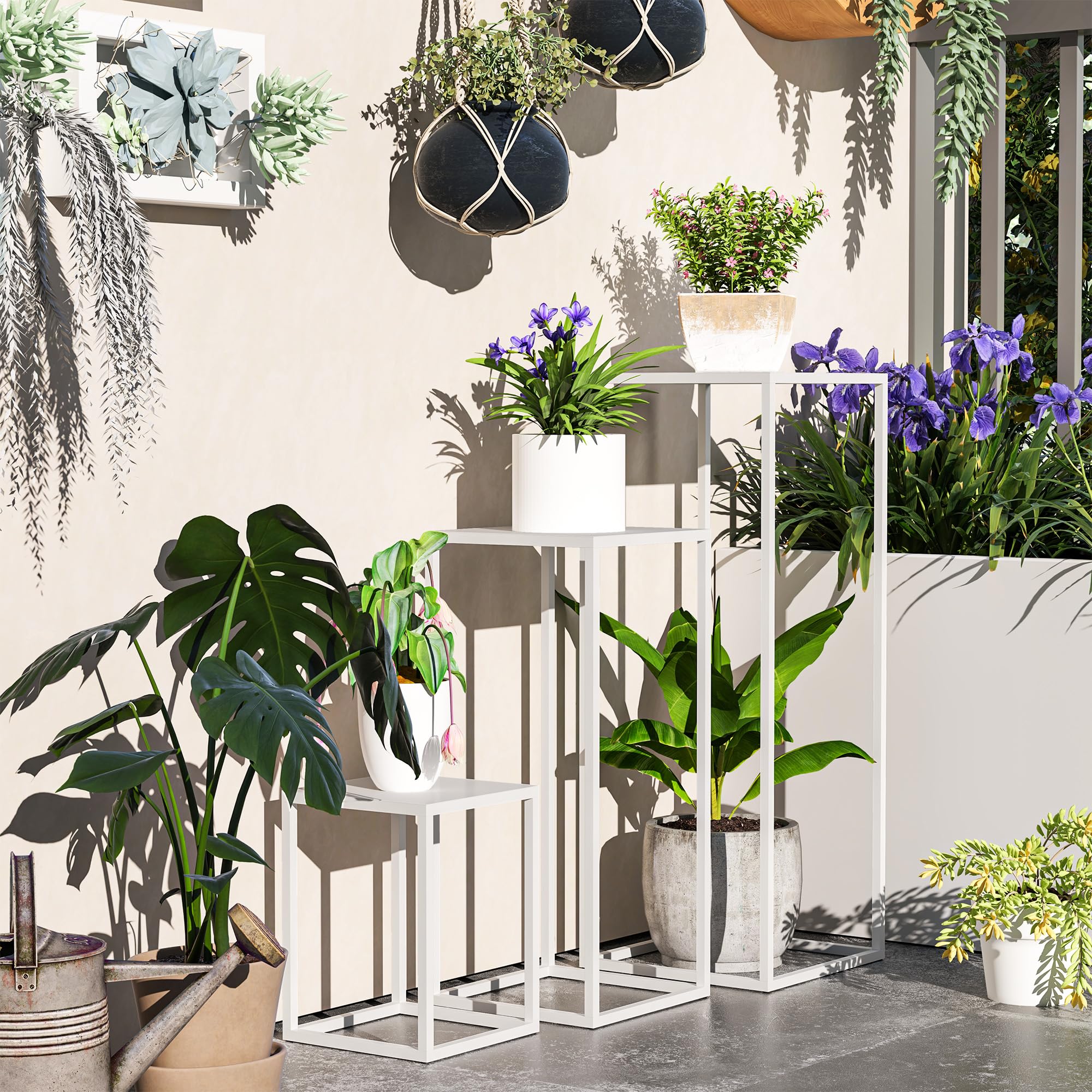 Outsunny 3 supporti per piante quadrati impilabili metallo bianco