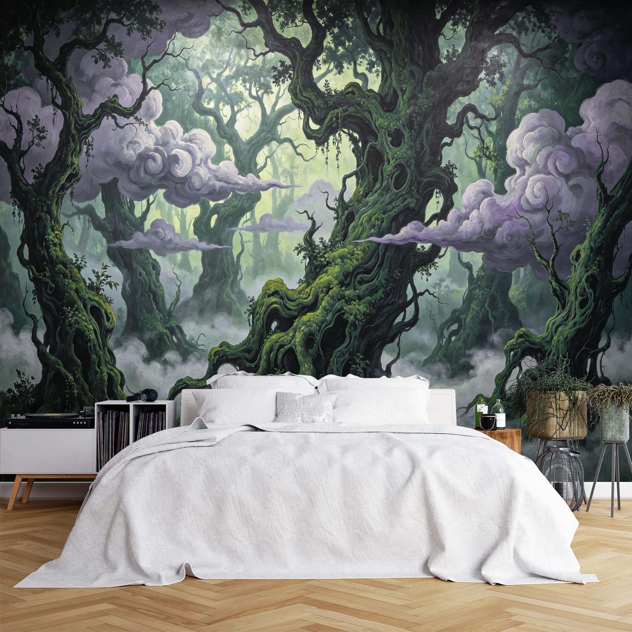 Custom Size Wall Murals Mystical Ancient Forest with Twisted Mossy Trees Wall Murals Enchanted Landscape Wallpaper, Realistic Self-Adhesive Removable Wallpaper for Bedroom