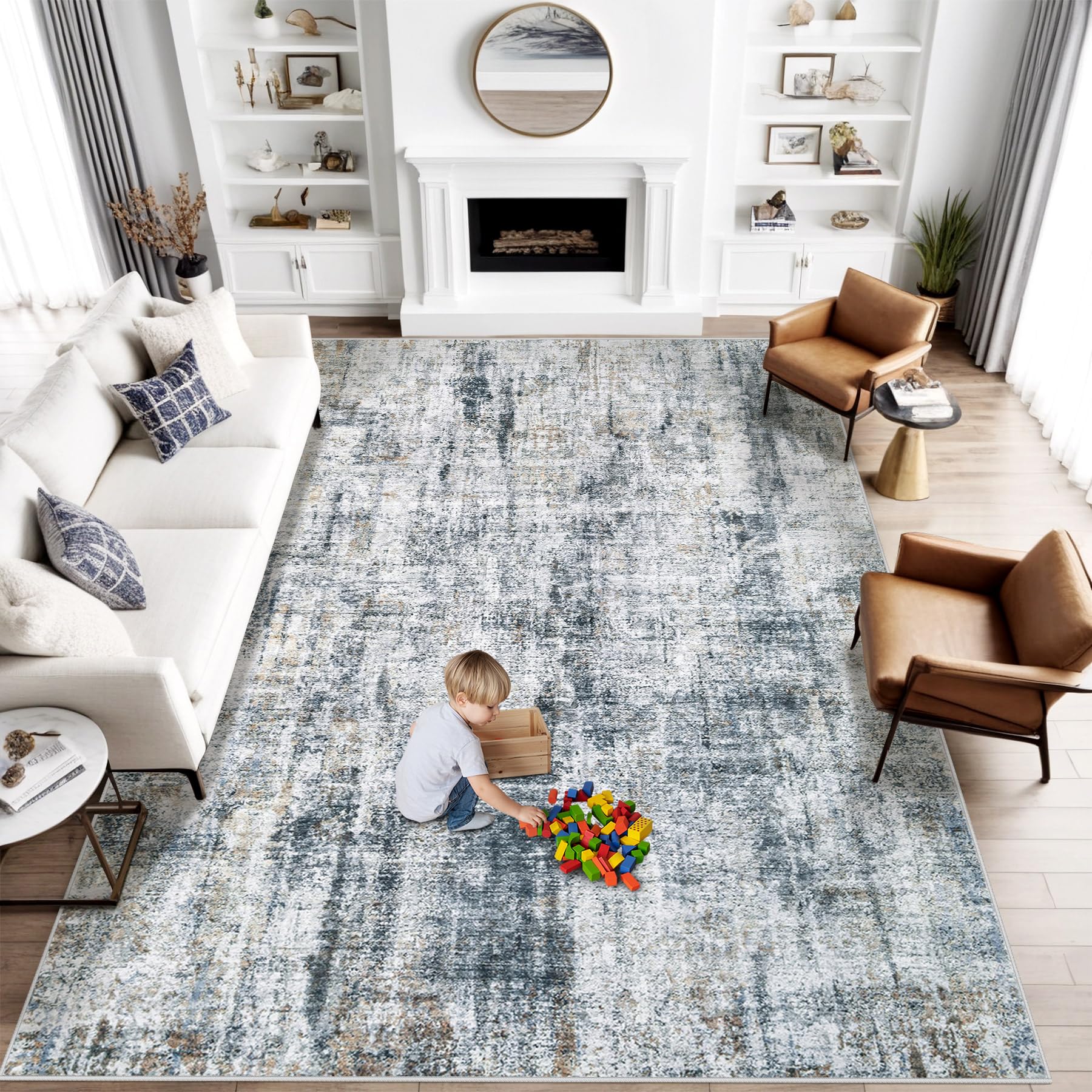 Photo 1 of 8x10 Area Rug for Living Room: Washable Abstract Soft Rugs Non Slip Modern Stain Resistant Low Pile Carpet for Dining Room Bedroom Nursery Office (Multi Blue, 8'x10')